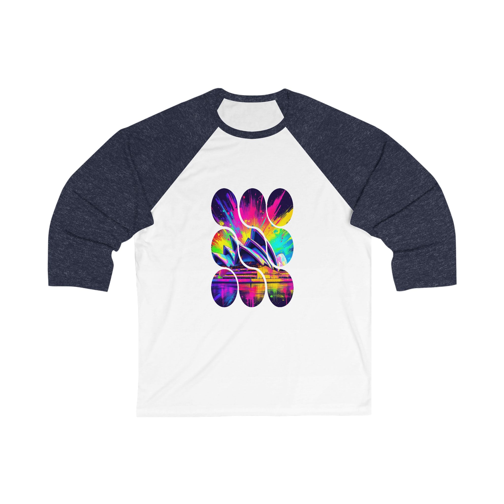 Vibrant Sydney Opera Baseball Tee - Unisex 3/4 Sleeve T-Shirt, Casual Wear, Sports Tee, Gift for Music Lovers, Vintage Inspired Apparel