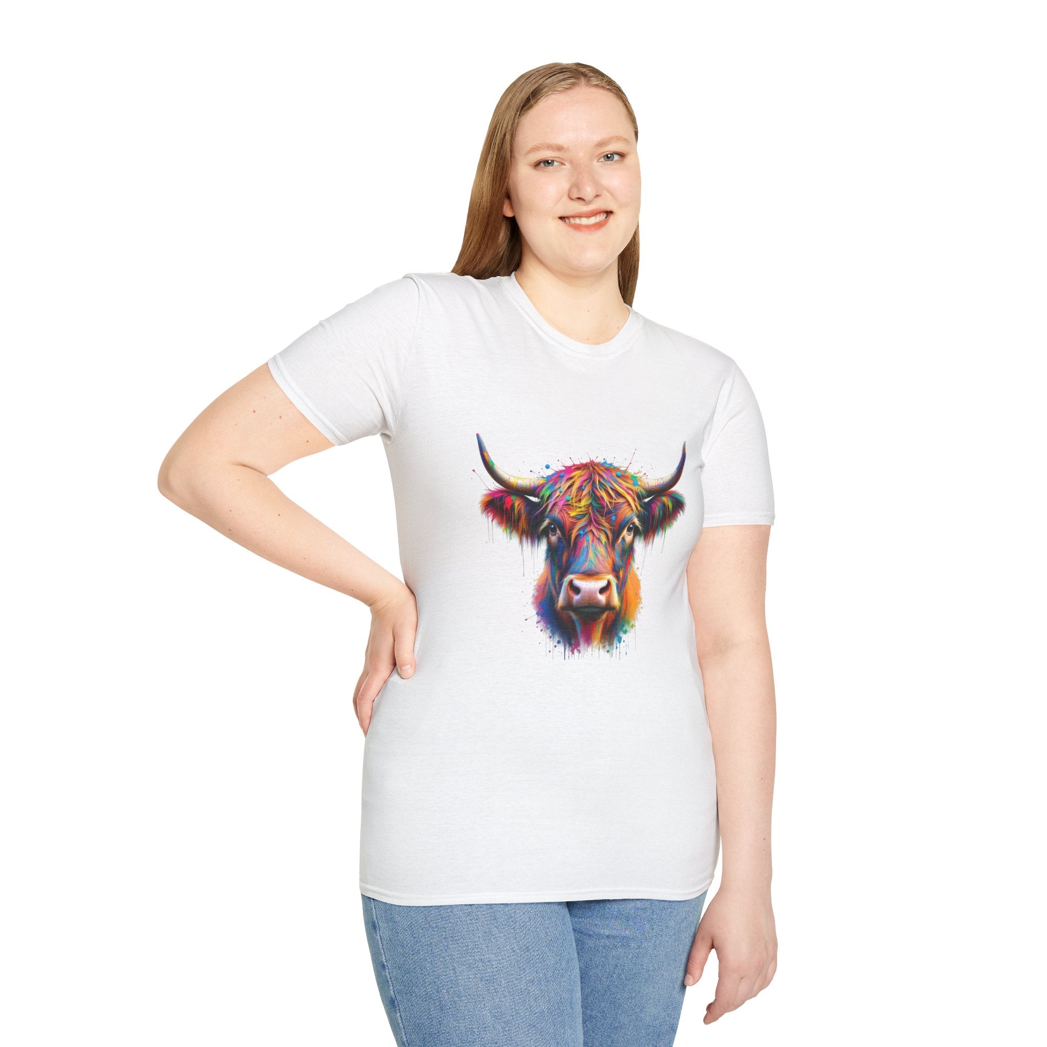 Highland Cow Graphic T-Shirt, Fun Farm Animal Tee, Cute Gift for Cow Lovers, Unisex Softstyle Shirt for Casual Wear