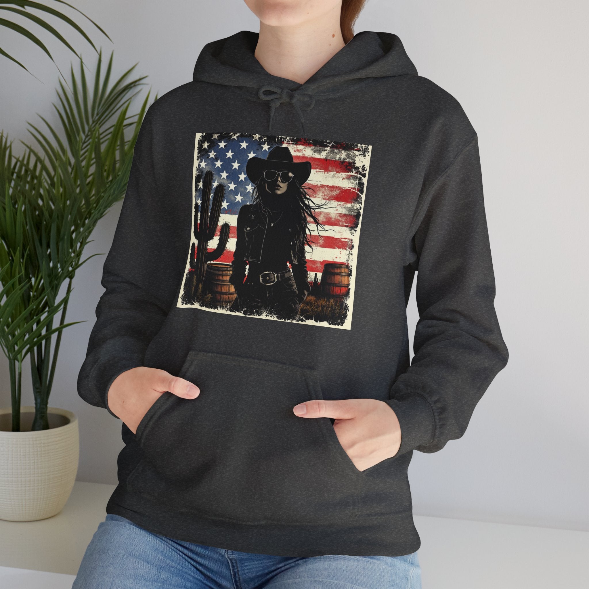 Western Cowboy Hoodie - Unisex Heavy Blend Sweatshirt, American Flag Design, Fashion Statement, Gift for Him, Cozy Apparel