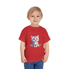 Cute Cat Toddler Tee - Whimsical Graphic Short Sleeve Shirt for Kids