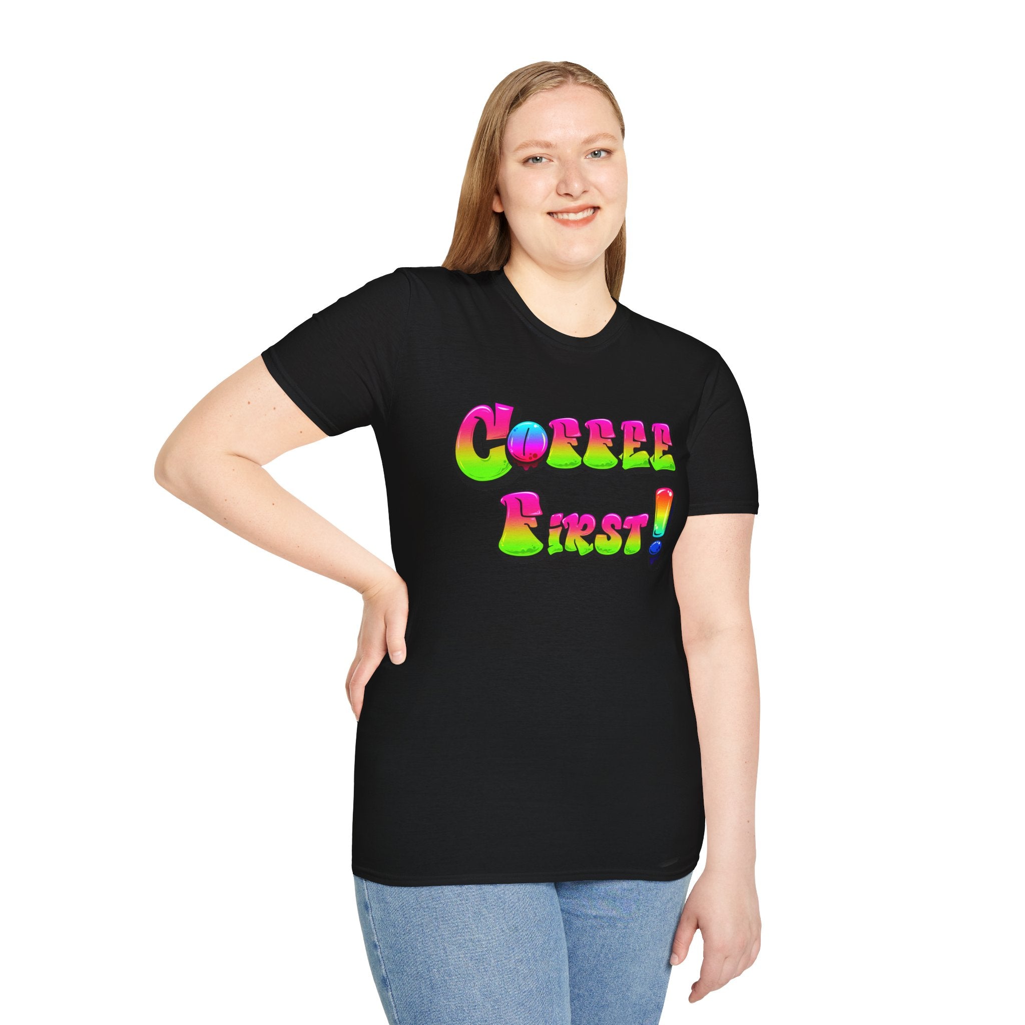 Coffee First Unisex Softstyle T-Shirt, Funny Graphic Tee, Gift for Coffee Lovers, Casual Wear, Perfect for Birthdays, Everyday Comfort