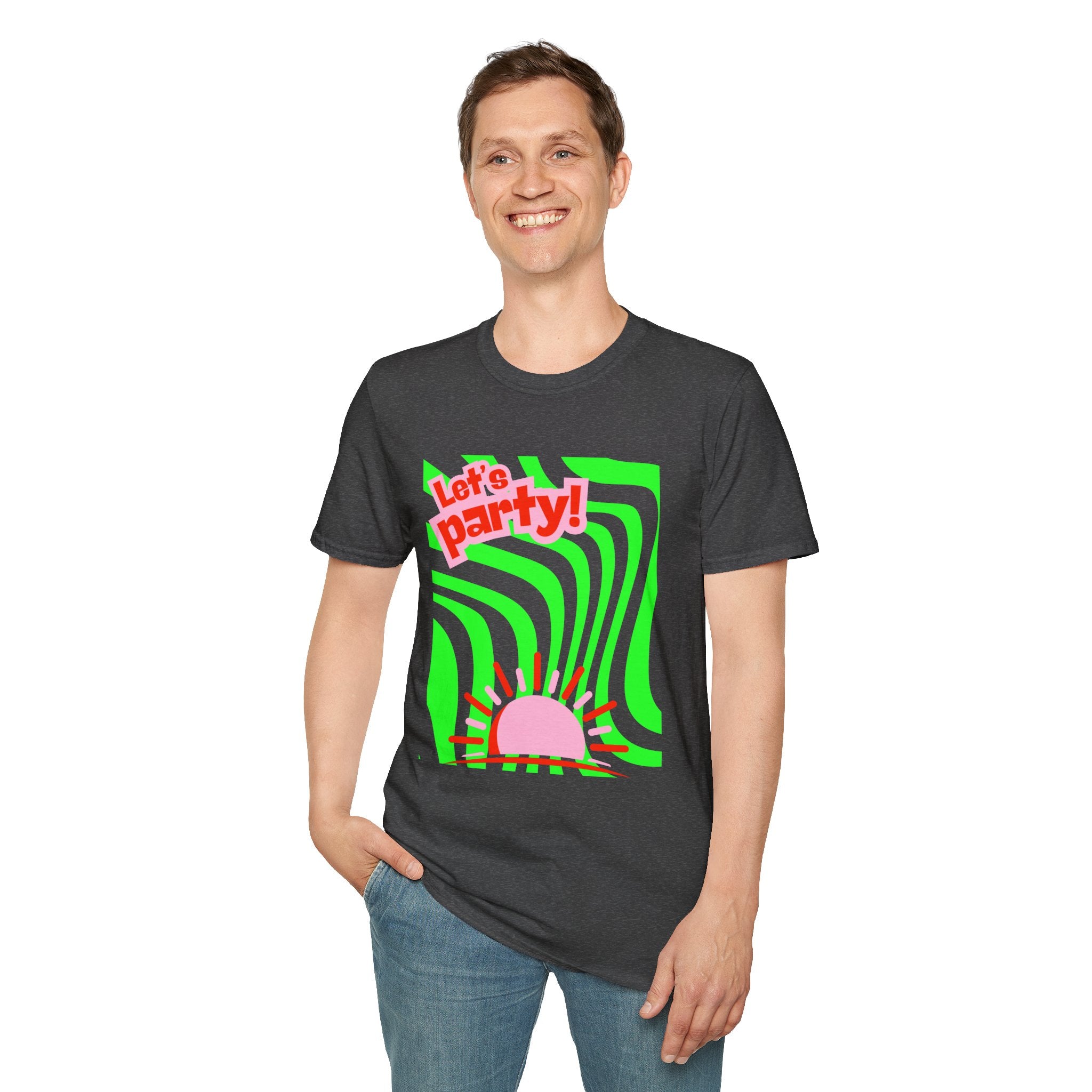 Let's Party Unisex Softstyle T-Shirt, Vibrant Summer Tee, Fun Graphic Shirt, Casual Wear, Birthday Gift, Festival Fashion