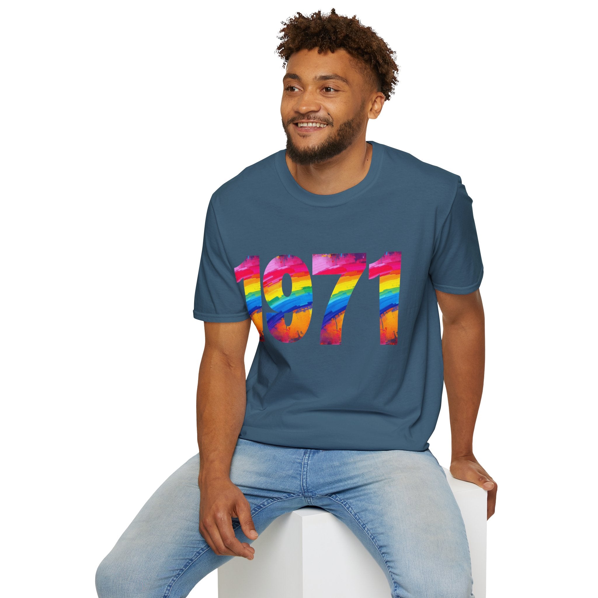 Rainbow Retro 1971 Unisex Softstyle T-Shirt | Colorful Vintage Tee for Pride, Birthdays, Casual Wear, and Everyday Style