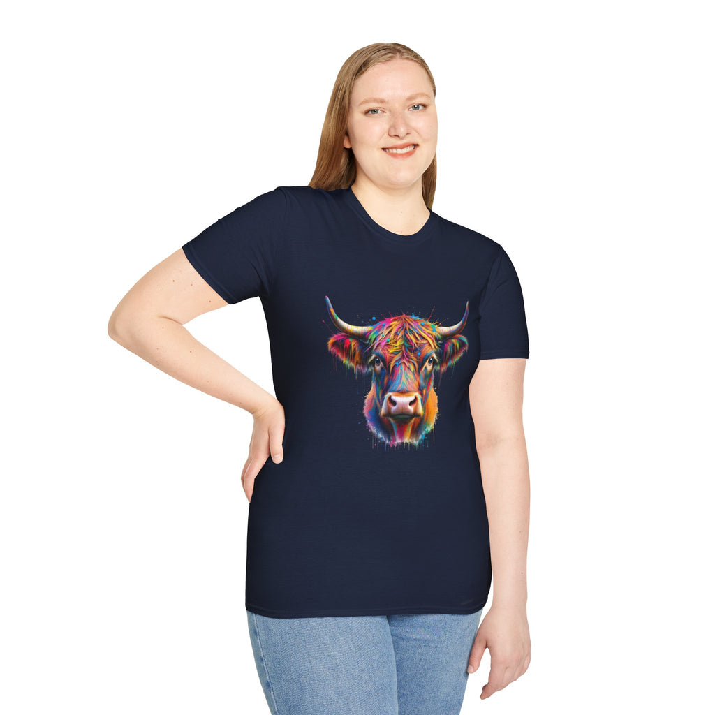 Highland Cow Graphic T-Shirt, Fun Farm Animal Tee, Cute Gift for Cow Lovers, Unisex Softstyle Shirt for Casual Wear