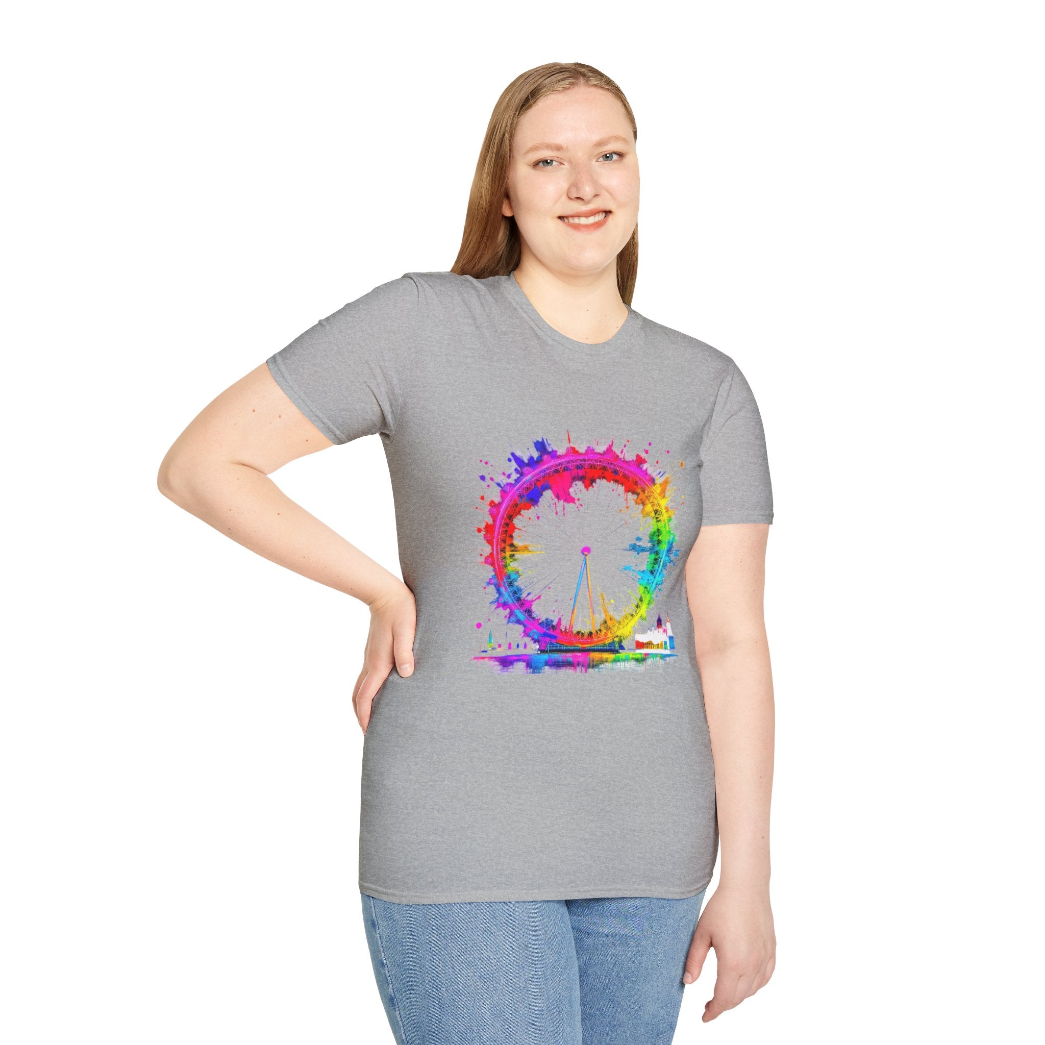 Colorful Watercolor London Eye Unisex Softstyle T-Shirt, Casual Tee, Graphic Shirt, Gift for Travel Lovers, Birthday Gift, Rainbow Art Shirt