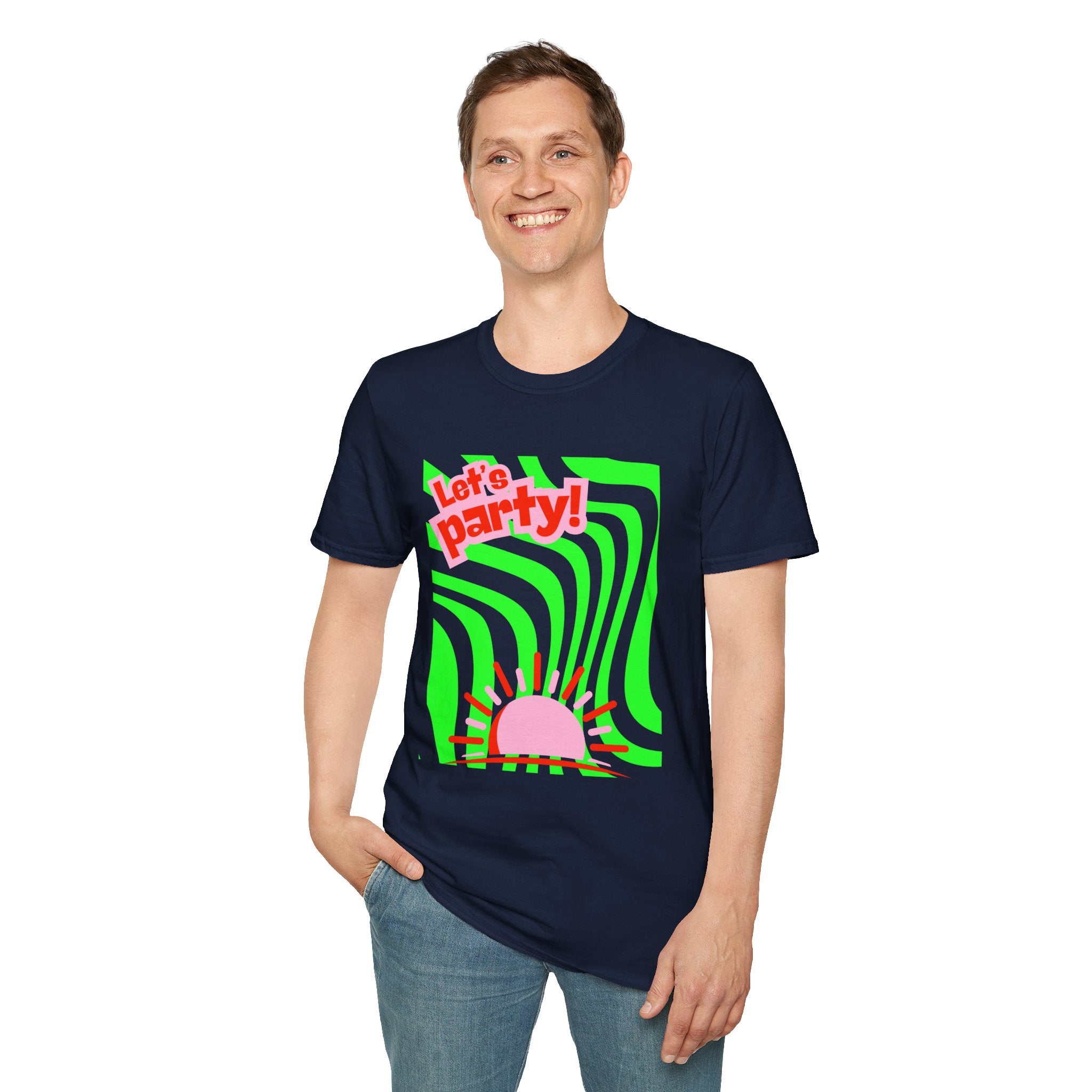 Let's Party Unisex Softstyle T-Shirt, Vibrant Summer Tee, Fun Graphic Shirt, Casual Wear, Birthday Gift, Festival Fashion