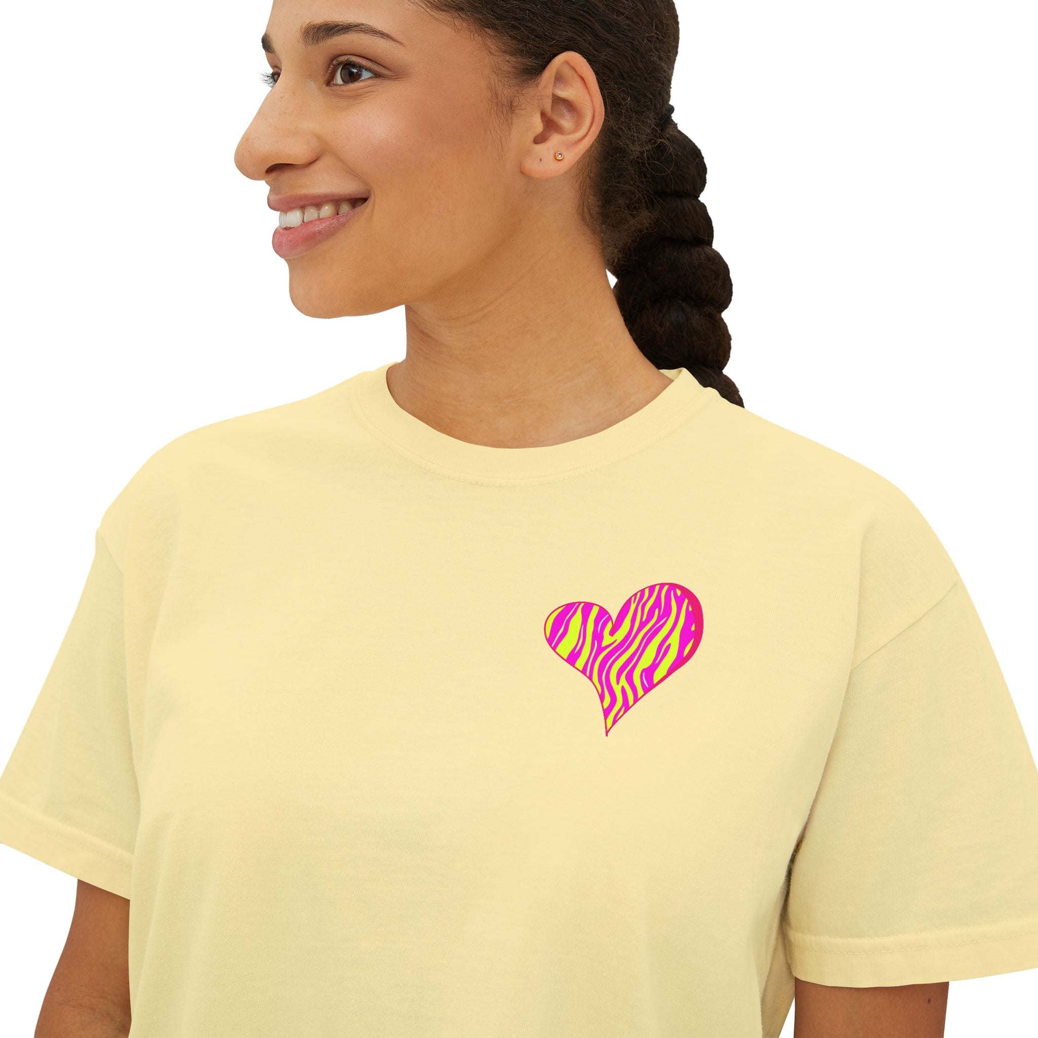 Women's Boxy Tee with Vibrant Heart and Pattern - Casual Summer Top, Gift for Her, Trendy Tee, Everyday Wear, Heart Print Shirt