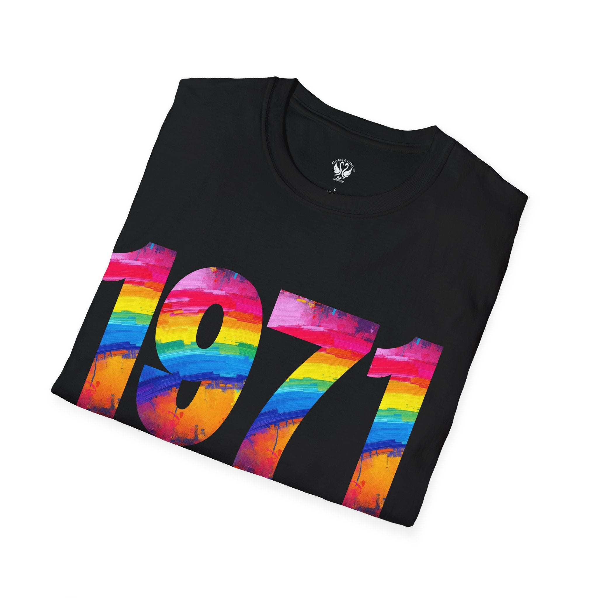 Rainbow Retro 1971 Unisex Softstyle T-Shirt | Colorful Vintage Tee for Pride, Birthdays, Casual Wear, and Everyday Style