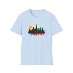 Colorful Skyline Unisex Softstyle T-Shirt | Urban Vibe Shirt | Gift for City Lovers | Summer Fashion | Streetwear