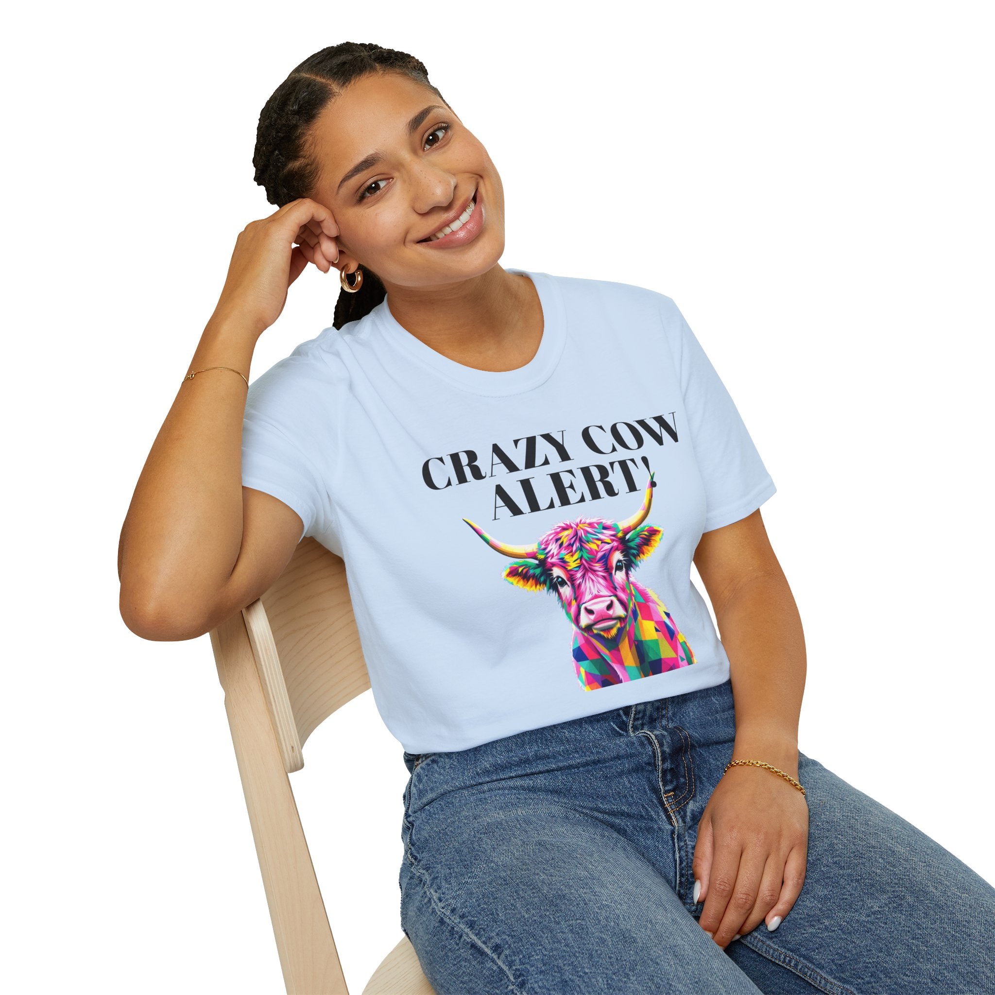 Colorful Cow Alert T-Shirt, Funny Cow Tee, Animal Lover Gift, Quirky Casual Wear, Farm Animal Shirt, Unique Graphic Tee