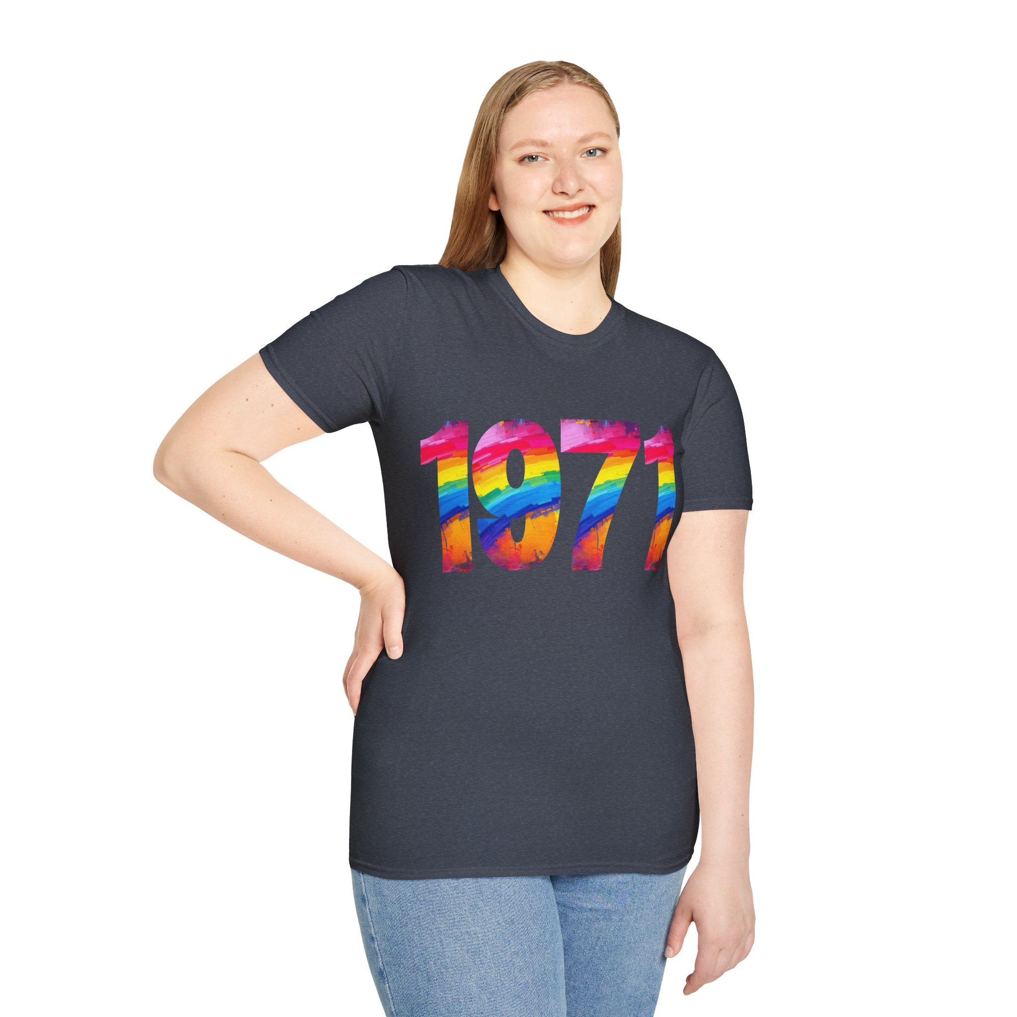 Rainbow Retro 1971 Unisex Softstyle T-Shirt | Colorful Vintage Tee for Pride, Birthdays, Casual Wear, and Everyday Style
