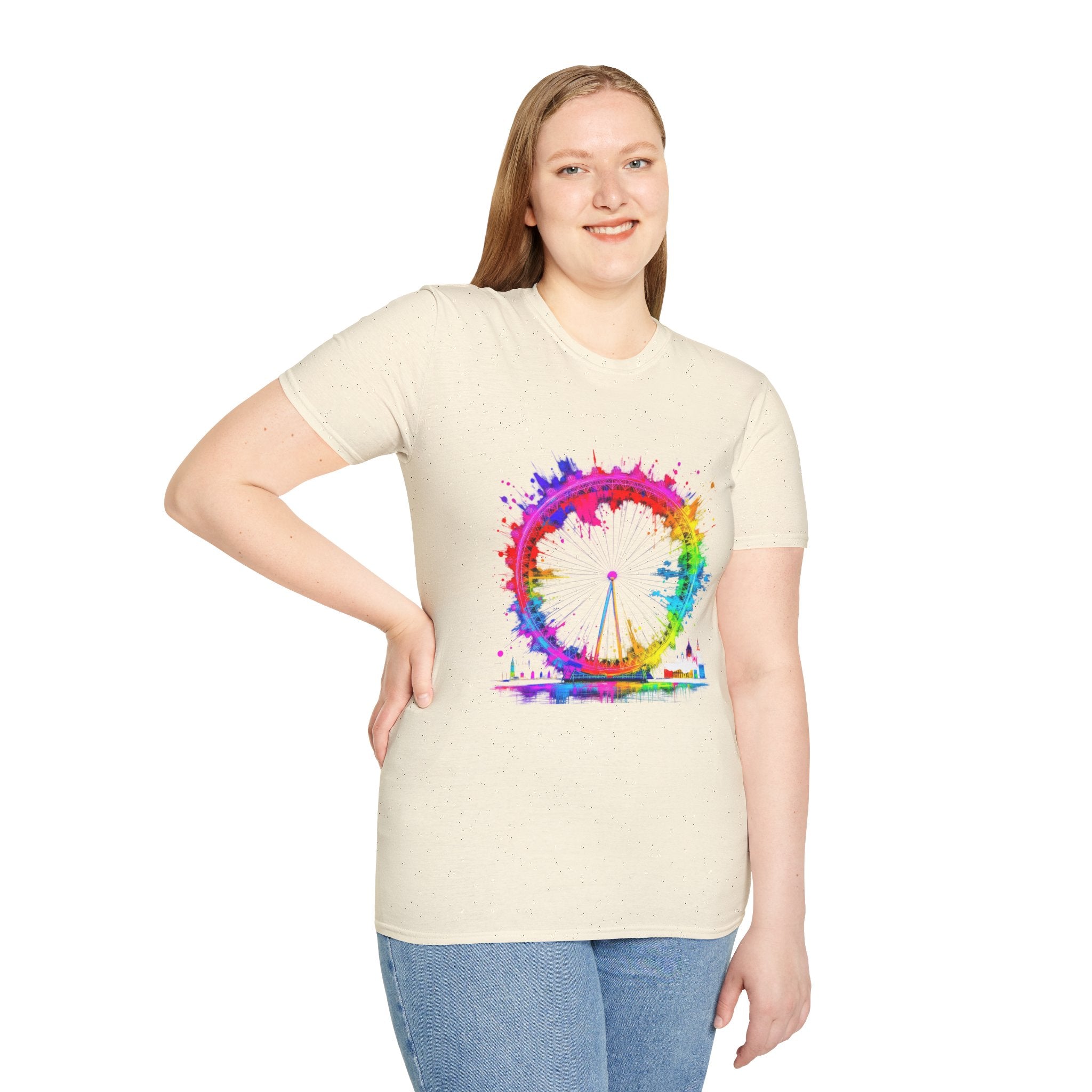 Colorful Watercolor London Eye Unisex Softstyle T-Shirt, Casual Tee, Graphic Shirt, Gift for Travel Lovers, Birthday Gift, Rainbow Art Shirt