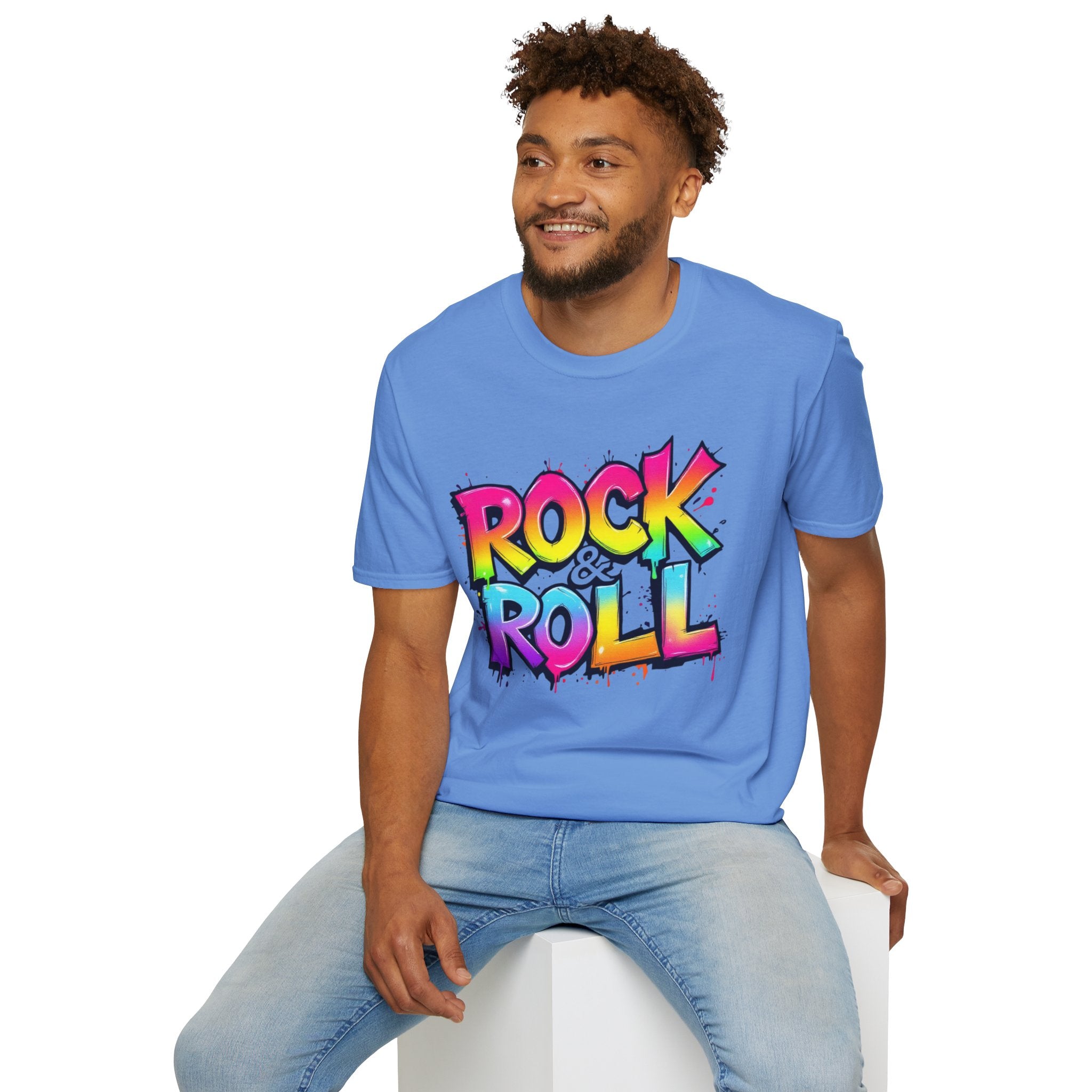 Colorful Rock & Roll Unisex Softstyle T-Shirt, Retro Tee, Music Lover Gift, Festival Wear, Rock Concert Apparel, Unisex Graphic Tee