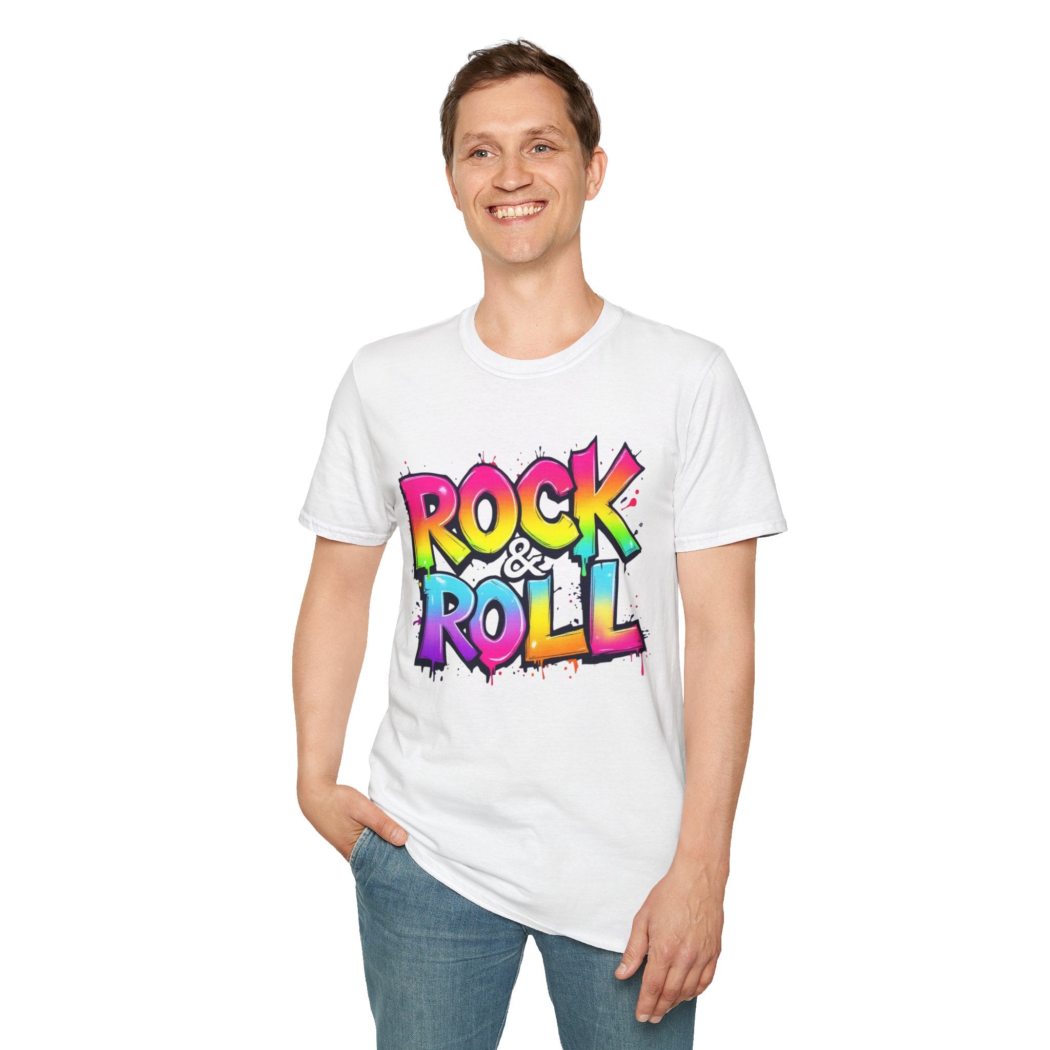 Colorful Rock & Roll Unisex Softstyle T-Shirt, Retro Tee, Music Lover Gift, Festival Wear, Rock Concert Apparel, Unisex Graphic Tee