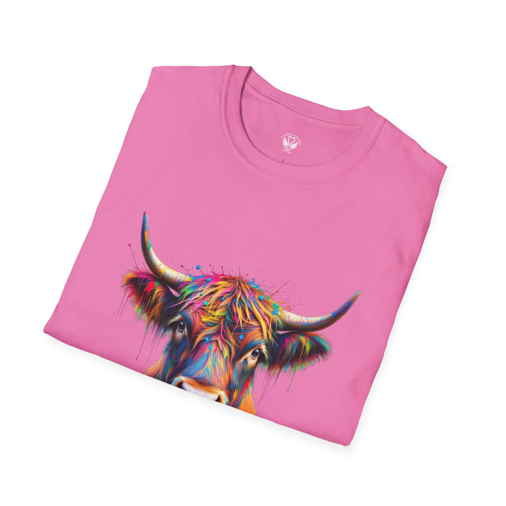 Highland Cow Graphic T-Shirt, Fun Farm Animal Tee, Cute Gift for Cow Lovers, Unisex Softstyle Shirt for Casual Wear