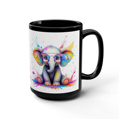 Colorful Elephant Illustration Black Mug - 15oz Artistic Coffee Cup