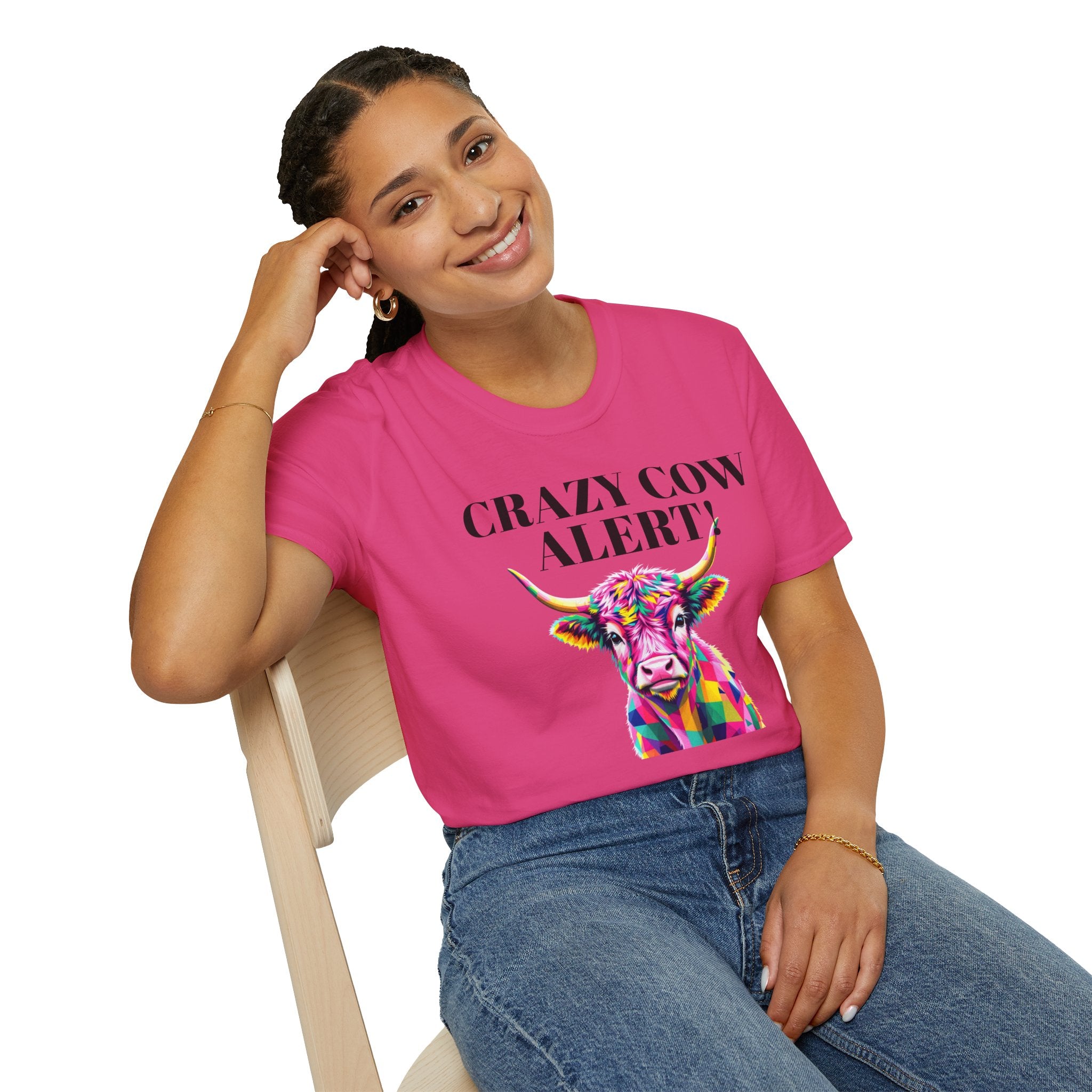 Colorful Cow Alert T-Shirt, Funny Cow Tee, Animal Lover Gift, Quirky Casual Wear, Farm Animal Shirt, Unique Graphic Tee