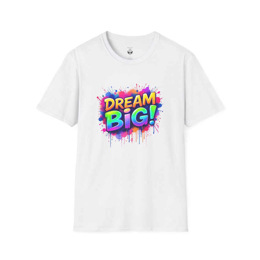 Dream Big Unisex Softstyle T-Shirt, Motivational Tee, Inspirational Apparel, Gift for Dreamers, Rainbow Design, Everyday Wear