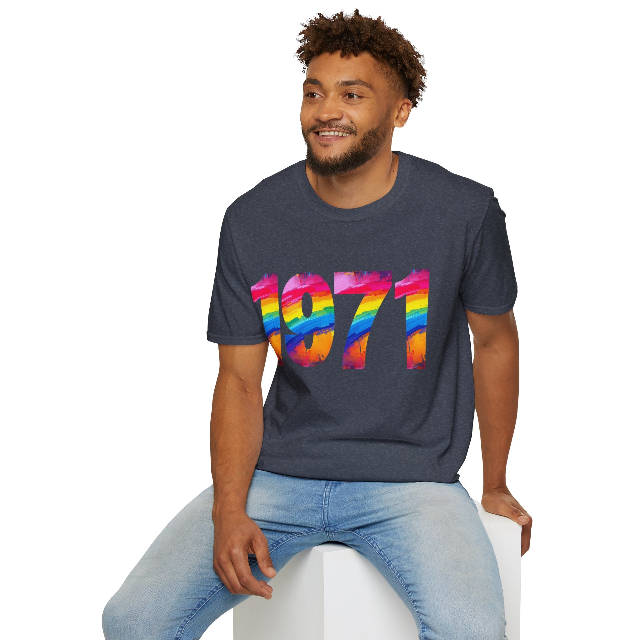 Rainbow Retro 1971 Unisex Softstyle T-Shirt | Colorful Vintage Tee for Pride, Birthdays, Casual Wear, and Everyday Style