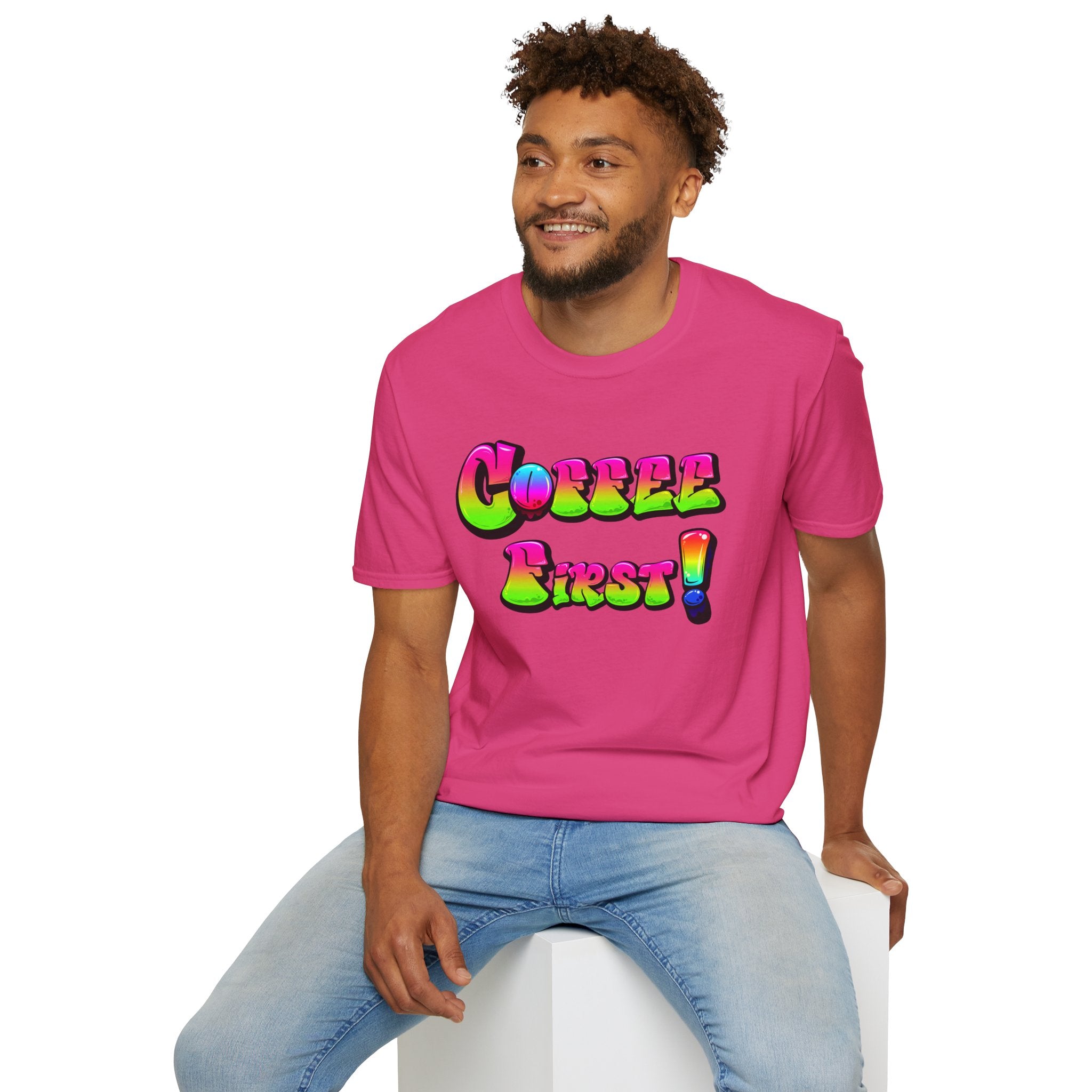Coffee First Unisex Softstyle T-Shirt, Funny Graphic Tee, Gift for Coffee Lovers, Casual Wear, Perfect for Birthdays, Everyday Comfort