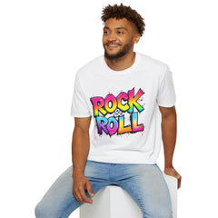Colorful Rock & Roll Unisex Softstyle T-Shirt, Retro Tee, Music Lover Gift, Festival Wear, Rock Concert Apparel, Unisex Graphic Tee