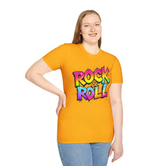 Colorful Rock & Roll Unisex Softstyle T-Shirt, Retro Tee, Music Lover Gift, Festival Wear, Rock Concert Apparel, Unisex Graphic Tee