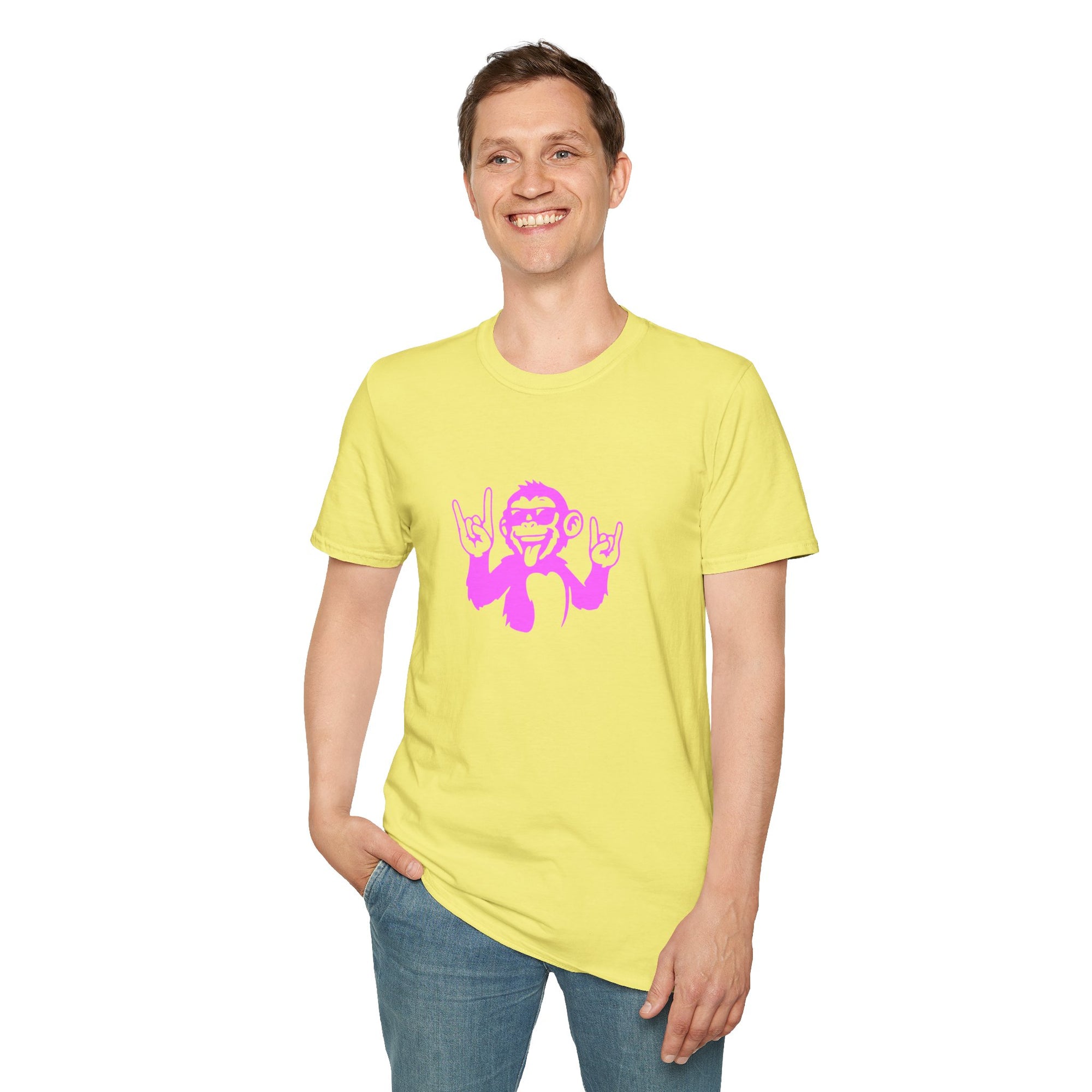 Rockin' Monkey Unisex Softstyle T-Shirt | Fun Graphic Tee | Great Gift for Music Lovers | Perfect for Parties & Casual Wear