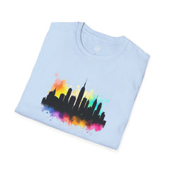 Colorful Skyline Unisex Softstyle T-Shirt | Urban Vibe Shirt | Gift for City Lovers | Summer Fashion | Streetwear