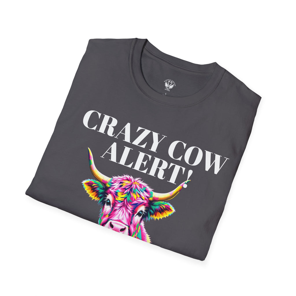 Colorful Cow Alert T-Shirt, Funny Cow Tee, Animal Lover Gift, Quirky Casual Wear, Farm Animal Shirt, Unique Graphic Tee