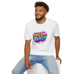 Dream Big Unisex Softstyle T-Shirt, Motivational Tee, Inspirational Apparel, Gift for Dreamers, Rainbow Design, Everyday Wear