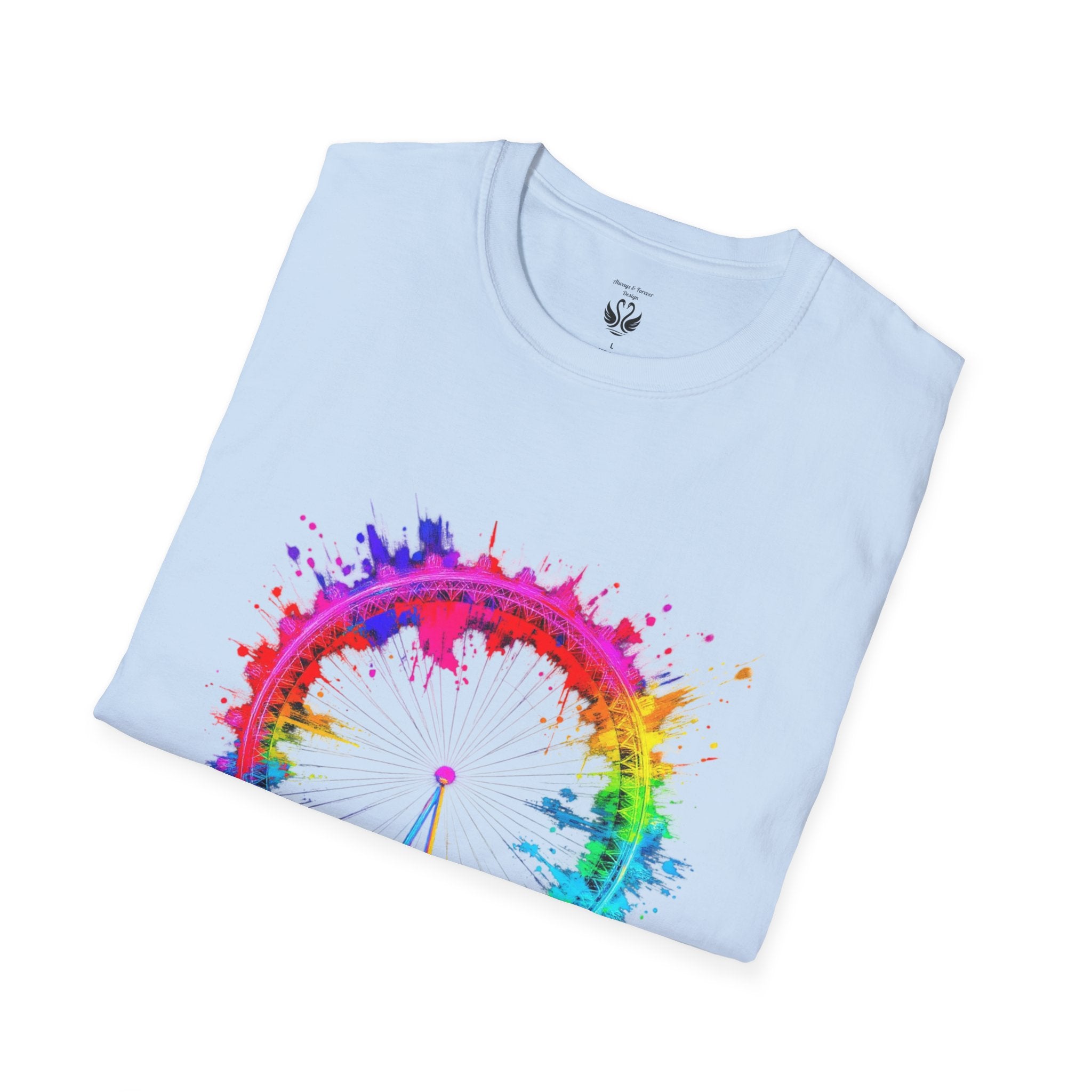 Colorful Watercolor London Eye Unisex Softstyle T-Shirt, Casual Tee, Graphic Shirt, Gift for Travel Lovers, Birthday Gift, Rainbow Art Shirt