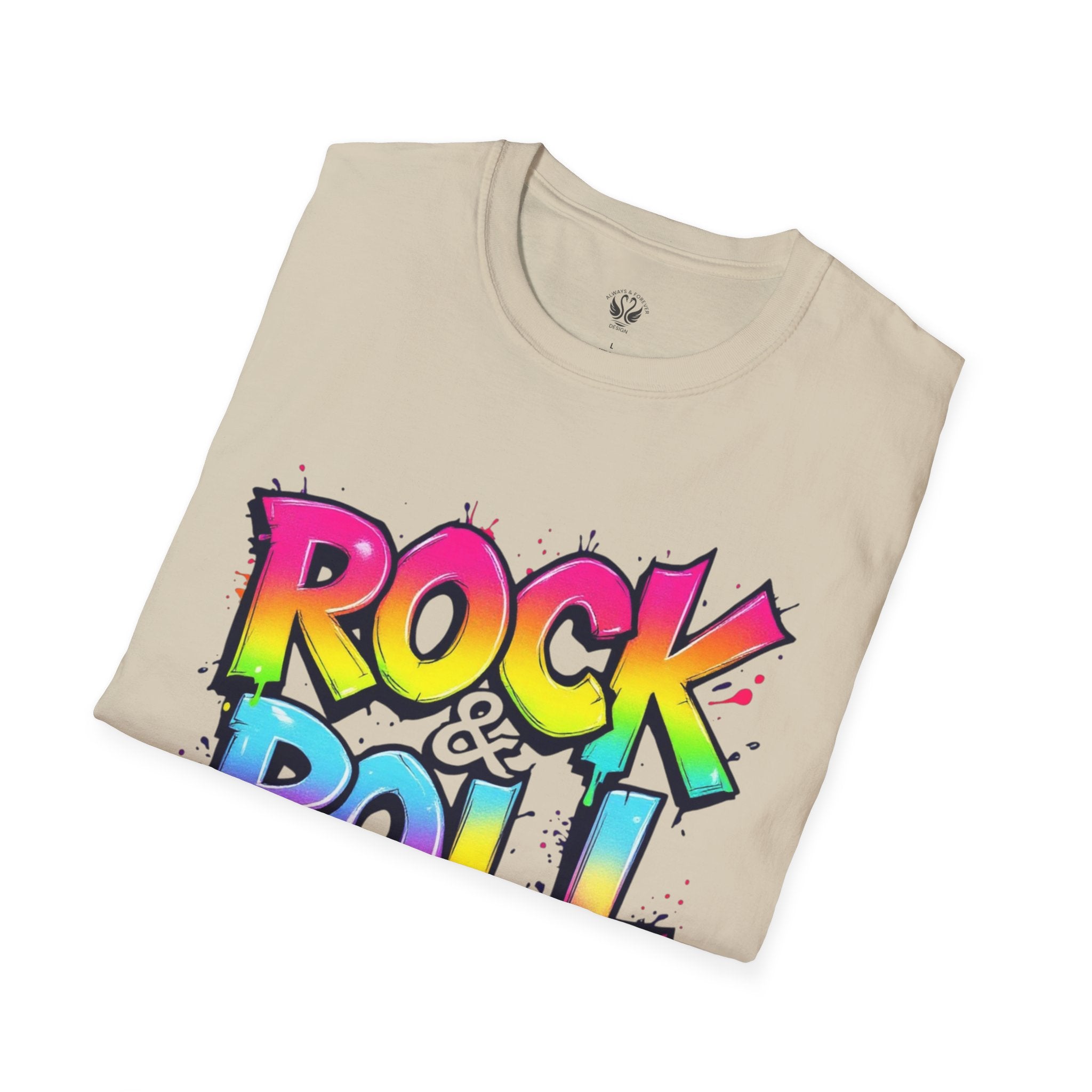 Colorful Rock & Roll Unisex Softstyle T-Shirt, Retro Tee, Music Lover Gift, Festival Wear, Rock Concert Apparel, Unisex Graphic Tee