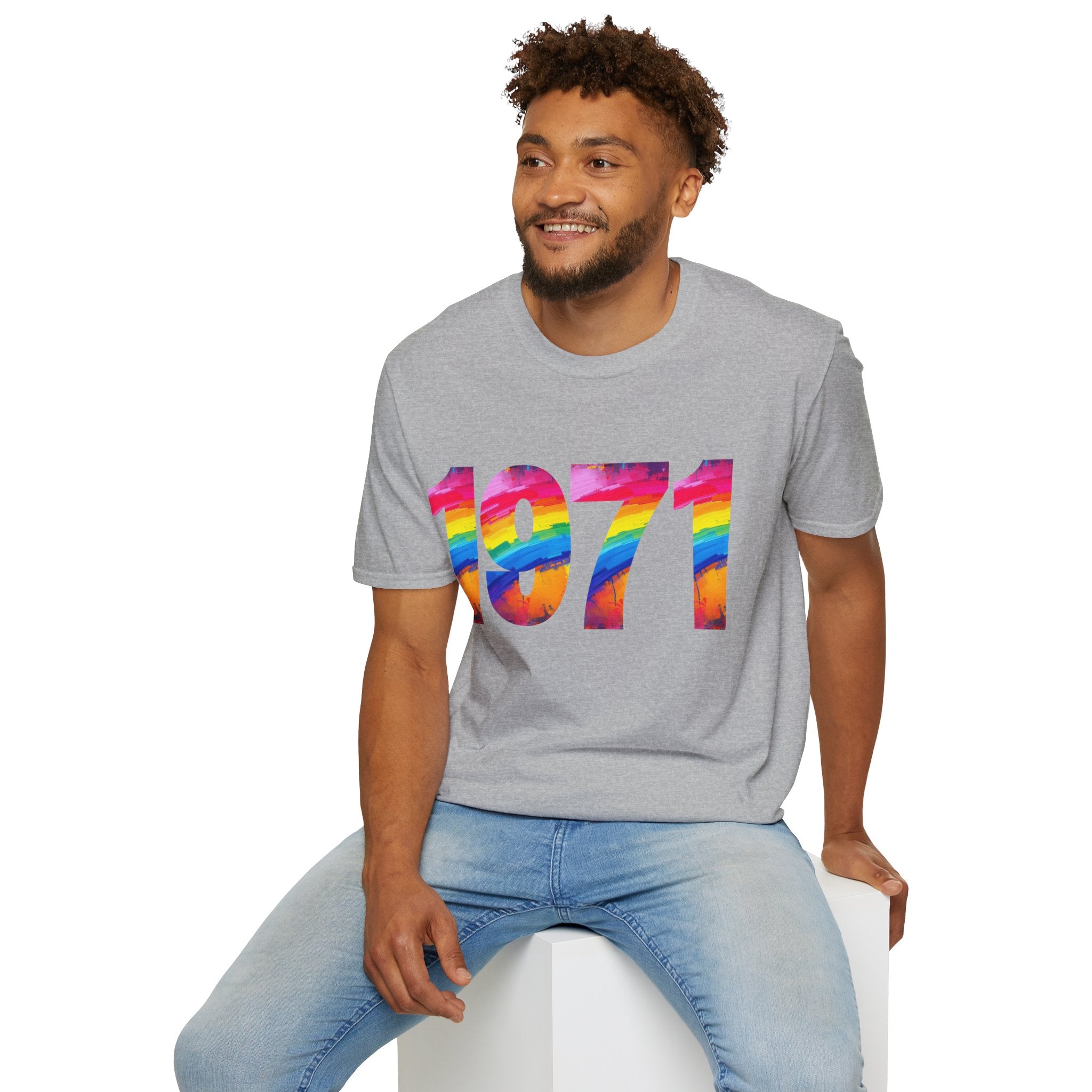 Rainbow Retro 1971 Unisex Softstyle T-Shirt | Colorful Vintage Tee for Pride, Birthdays, Casual Wear, and Everyday Style