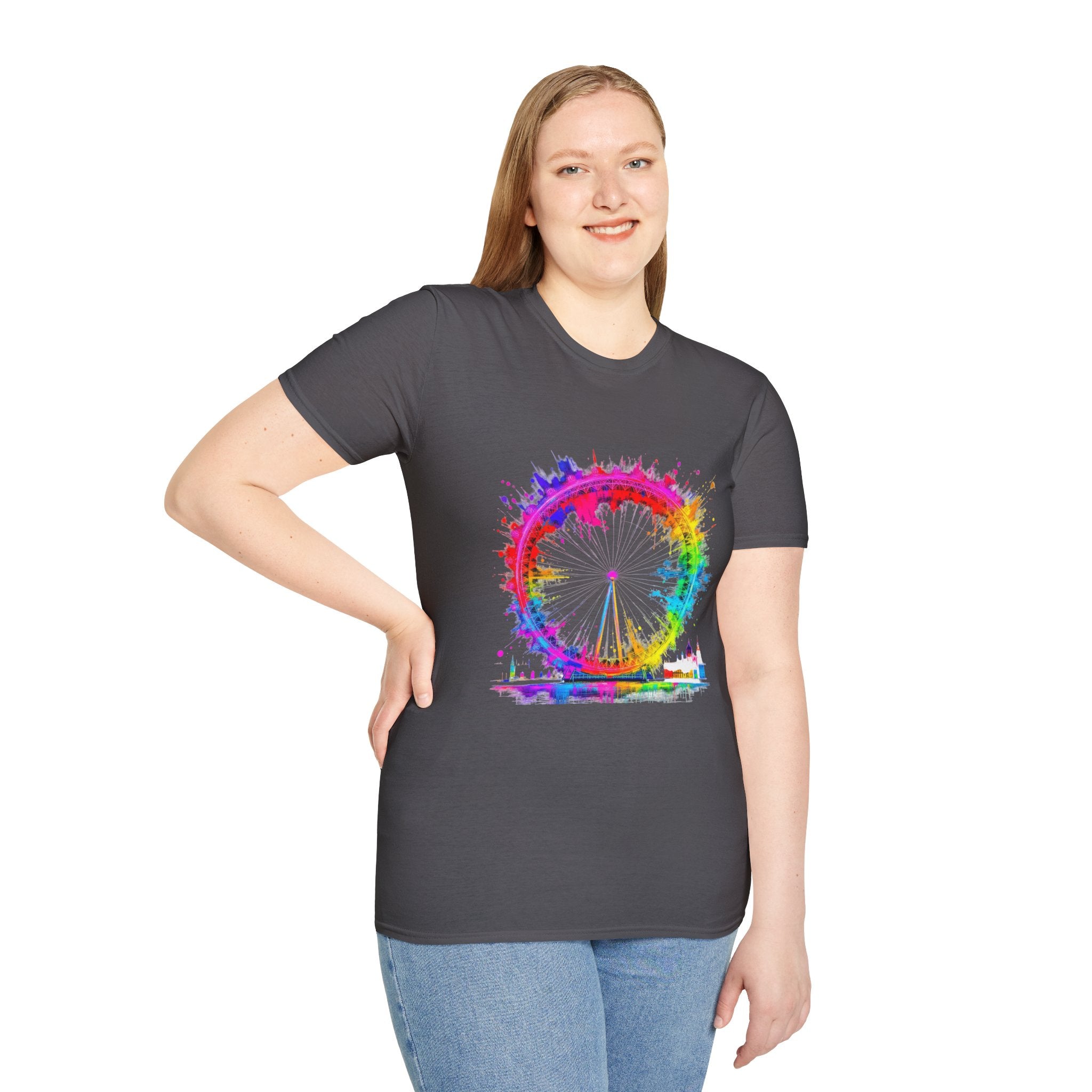 Colorful Watercolor London Eye Unisex Softstyle T-Shirt, Casual Tee, Graphic Shirt, Gift for Travel Lovers, Birthday Gift, Rainbow Art Shirt
