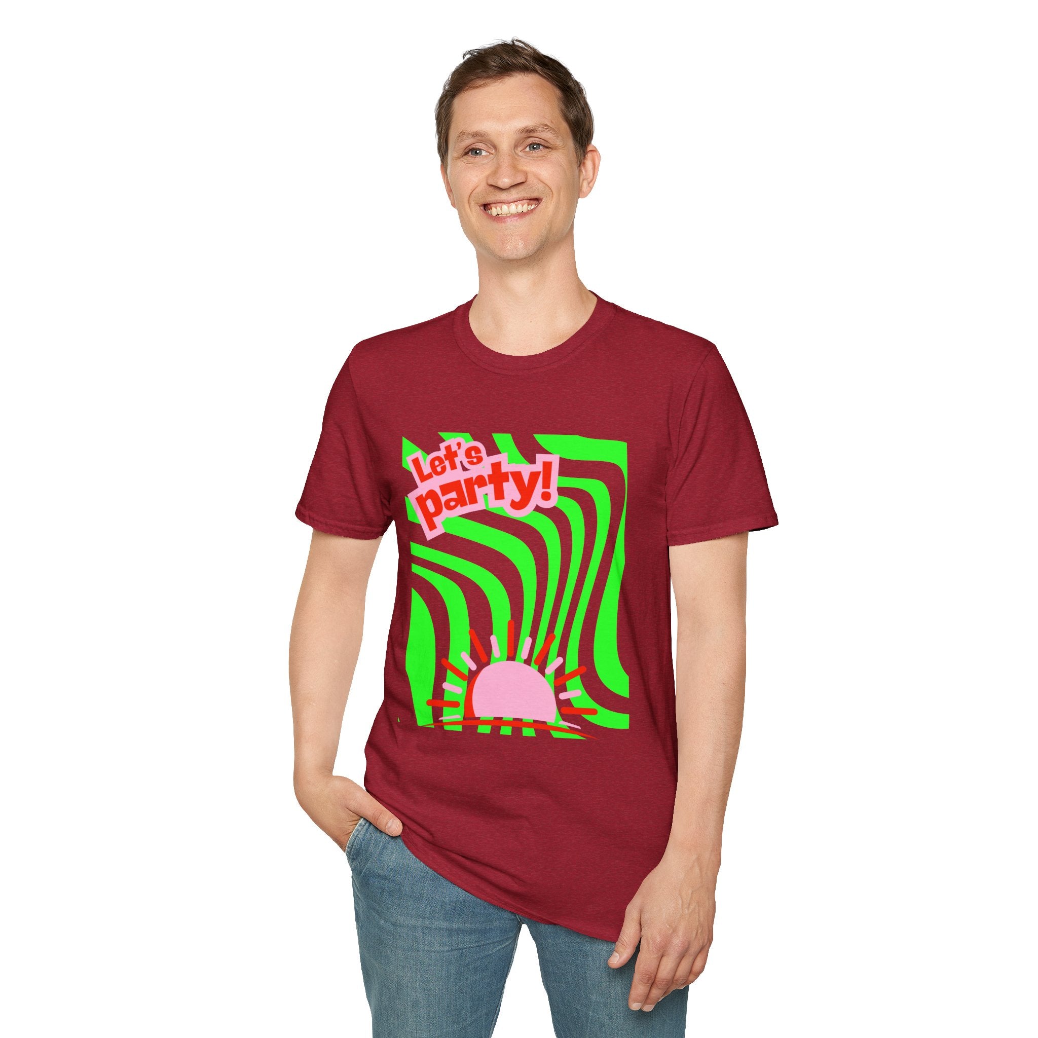 Let's Party Unisex Softstyle T-Shirt, Vibrant Summer Tee, Fun Graphic Shirt, Casual Wear, Birthday Gift, Festival Fashion