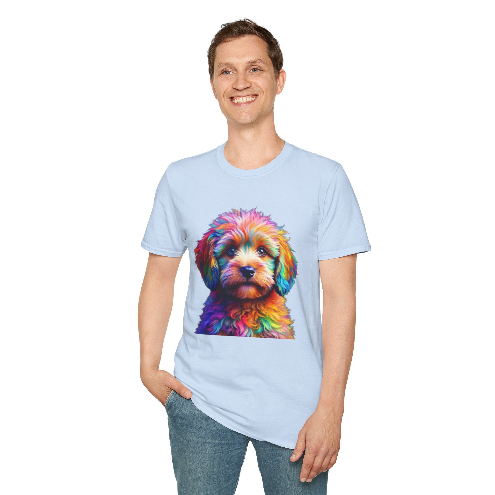 Colorful Puppy Art T-Shirt, Animal Lover Gift, Pet Owner Apparel, Fun Fashion for Dog Lovers, Unique Graphic Tee