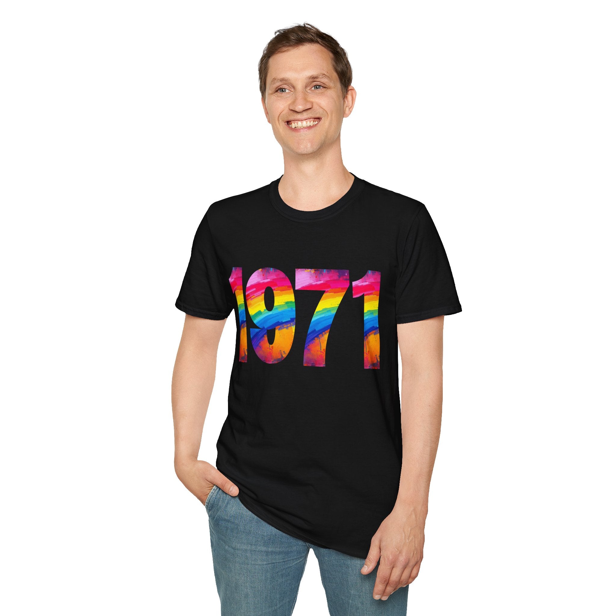 Rainbow Retro 1971 Unisex Softstyle T-Shirt | Colorful Vintage Tee for Pride, Birthdays, Casual Wear, and Everyday Style
