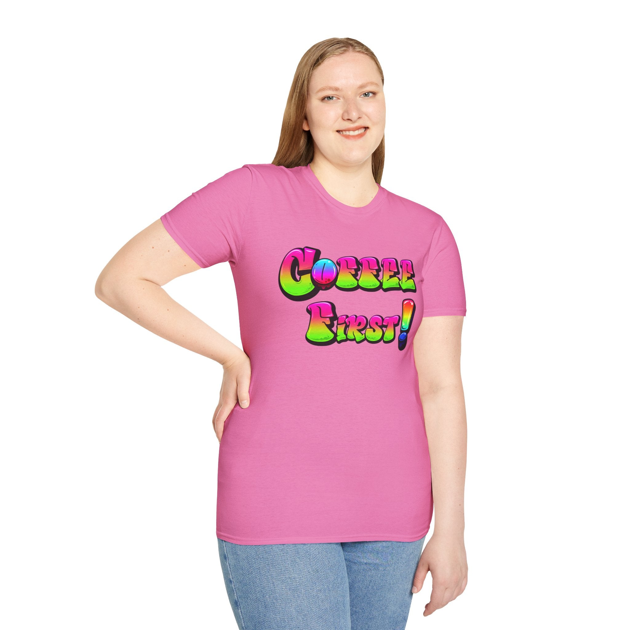 Coffee First Unisex Softstyle T-Shirt, Funny Graphic Tee, Gift for Coffee Lovers, Casual Wear, Perfect for Birthdays, Everyday Comfort