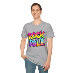 Colorful Rock & Roll Unisex Softstyle T-Shirt, Retro Tee, Music Lover Gift, Festival Wear, Rock Concert Apparel, Unisex Graphic Tee