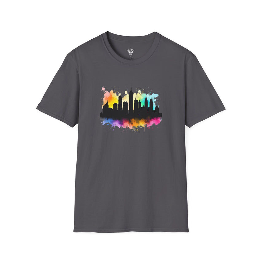 Colorful Skyline Unisex Softstyle T-Shirt | Urban Vibe Shirt | Gift for City Lovers | Summer Fashion | Streetwear