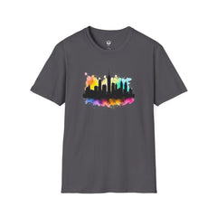 Colorful Skyline Unisex Softstyle T-Shirt | Urban Vibe Shirt | Gift for City Lovers | Summer Fashion | Streetwear