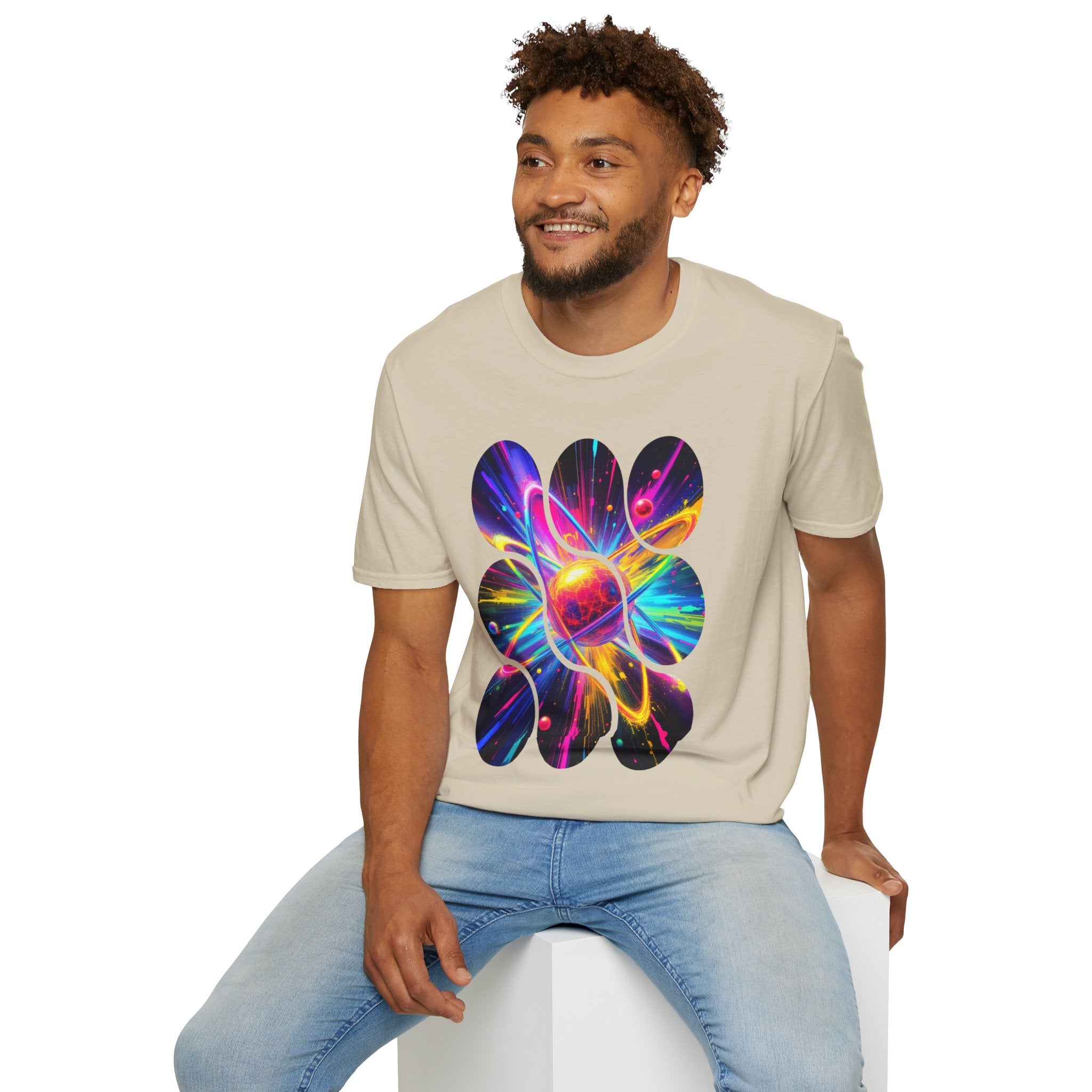 Colorful Atom Graphic T-Shirt, Unisex Casual Tee, Astronaut Art, Space Lover Gift, Festival Wear, Cosmic Vibes