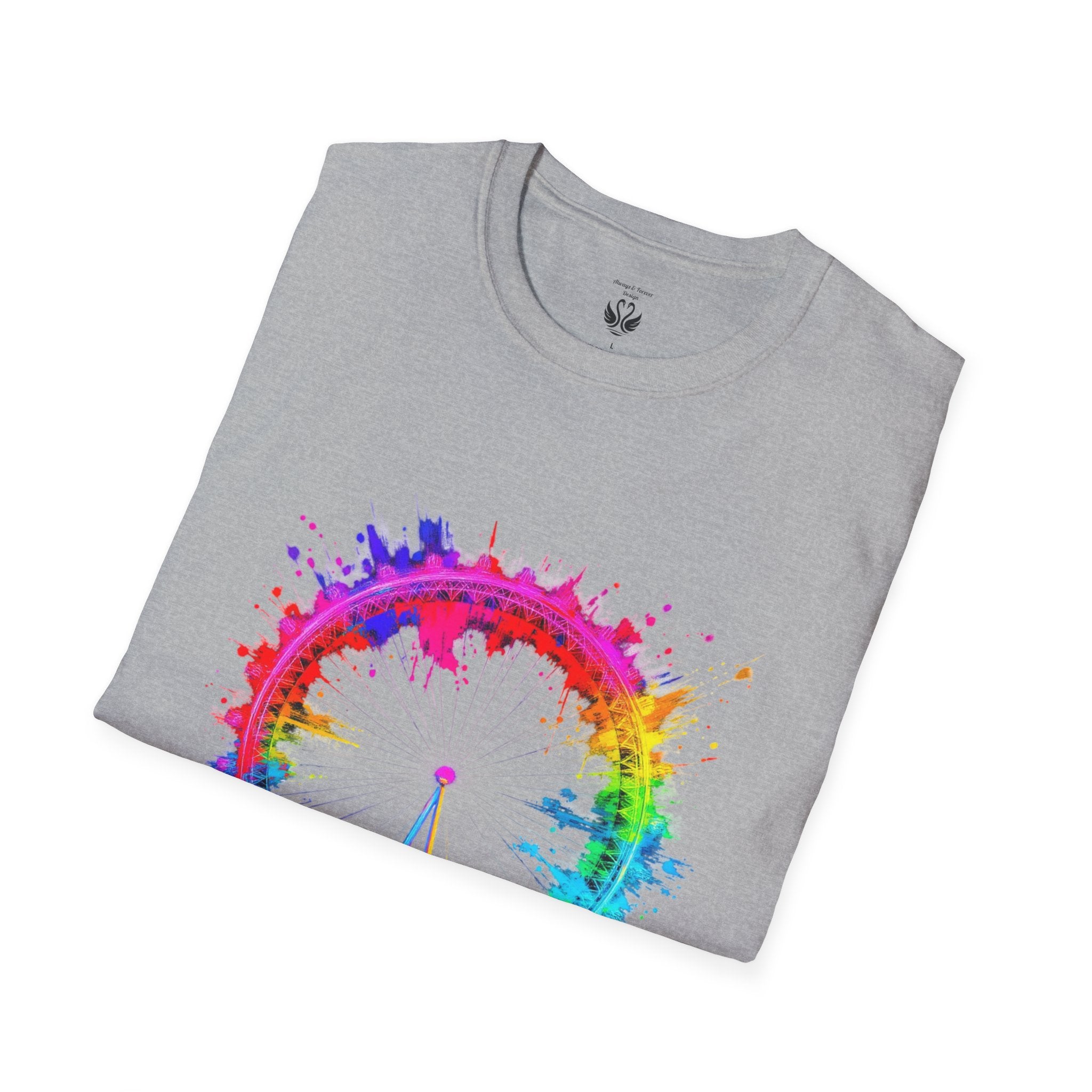 Colorful Watercolor London Eye Unisex Softstyle T-Shirt, Casual Tee, Graphic Shirt, Gift for Travel Lovers, Birthday Gift, Rainbow Art Shirt