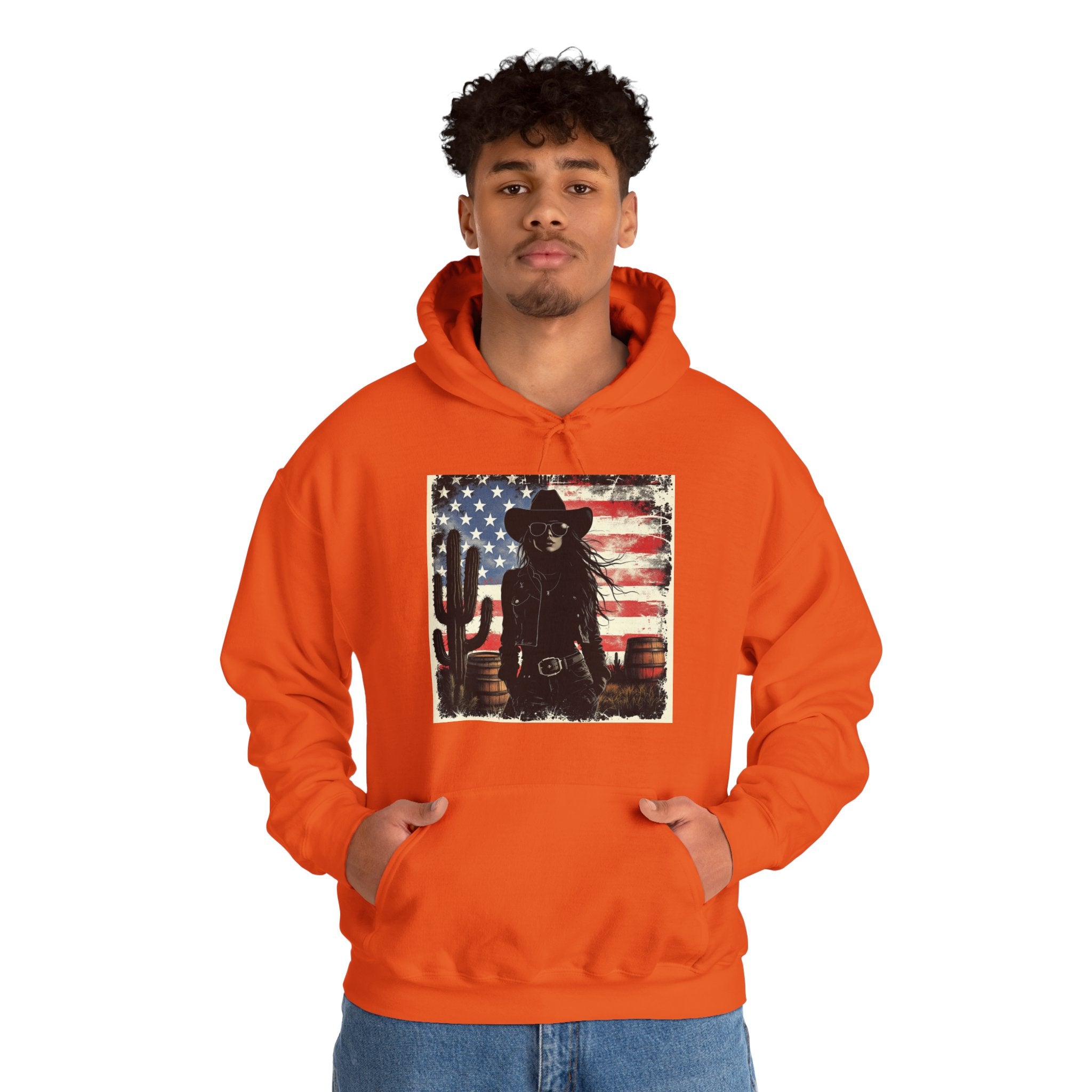Western Cowboy Hoodie - Unisex Heavy Blend Sweatshirt, American Flag Design, Fashion Statement, Gift for Him, Cozy Apparel
