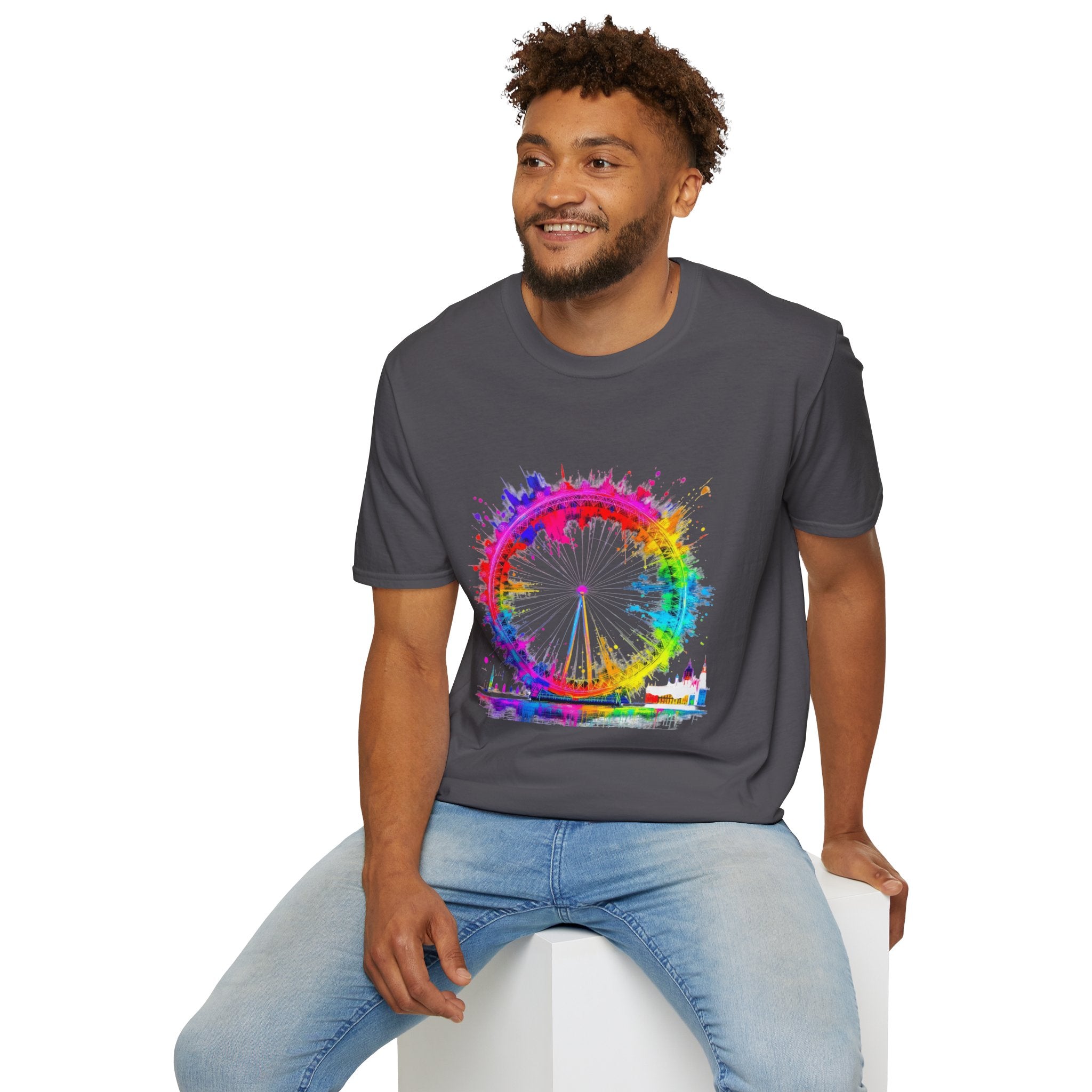 Colorful Watercolor London Eye Unisex Softstyle T-Shirt, Casual Tee, Graphic Shirt, Gift for Travel Lovers, Birthday Gift, Rainbow Art Shirt