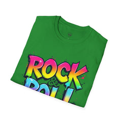 Colorful Rock & Roll Unisex Softstyle T-Shirt, Retro Tee, Music Lover Gift, Festival Wear, Rock Concert Apparel, Unisex Graphic Tee