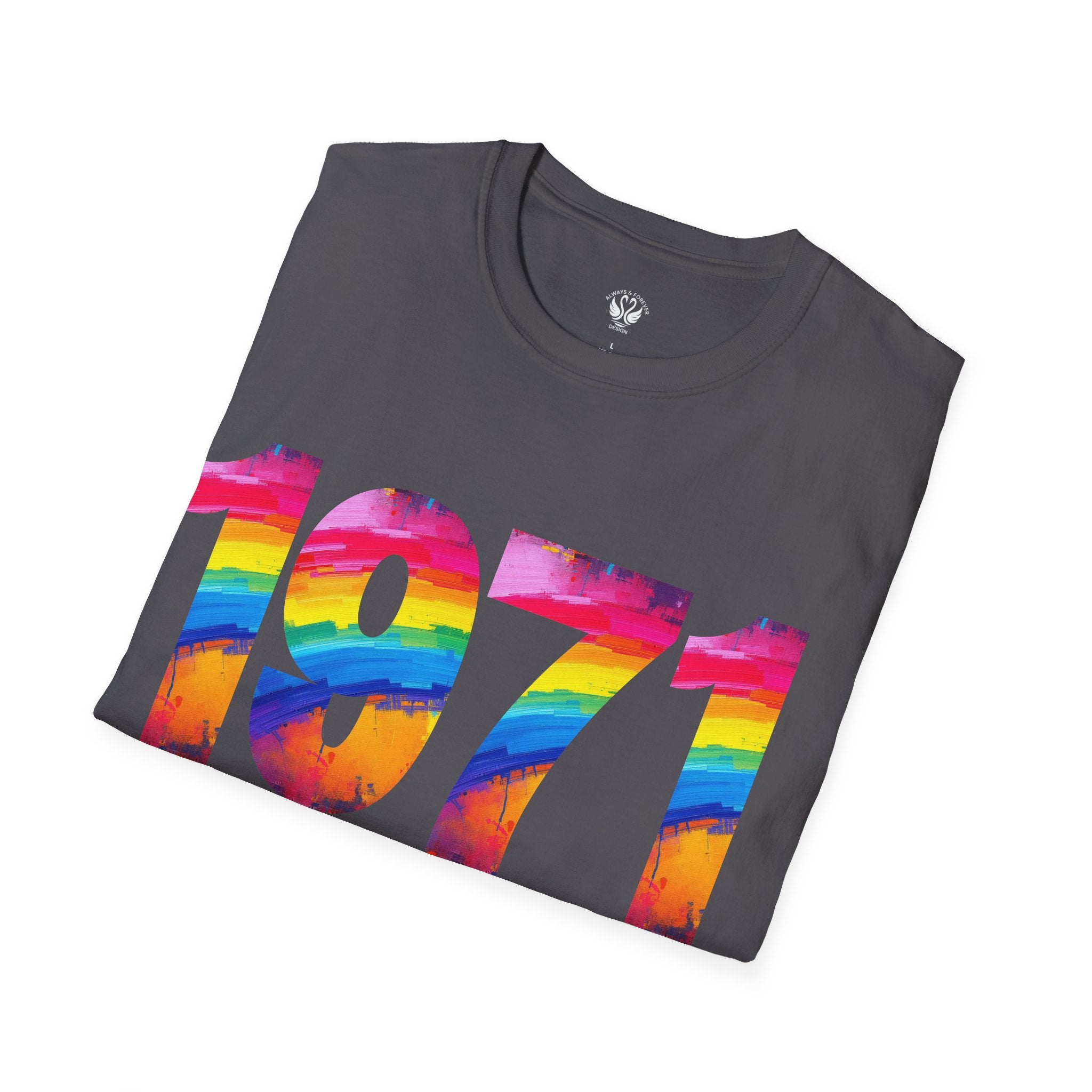 Rainbow Retro 1971 Unisex Softstyle T-Shirt | Colorful Vintage Tee for Pride, Birthdays, Casual Wear, and Everyday Style