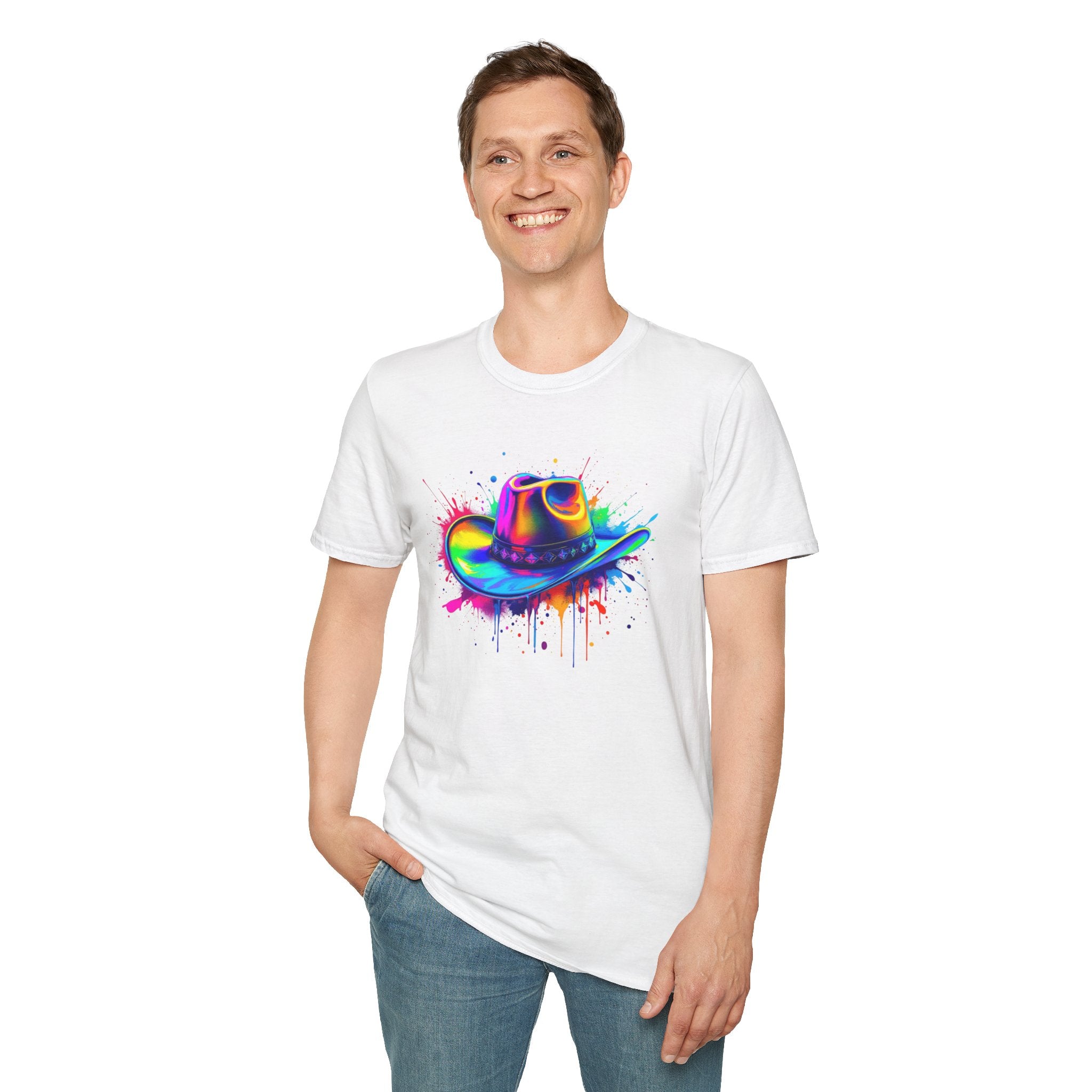 Colourful Cowboy Hat Unisex T-Shirt, Fun Graphic Tee, Festival Wear, Summer Celebration Shirt, LGBTQ Pride Apparel, Gift for Friends