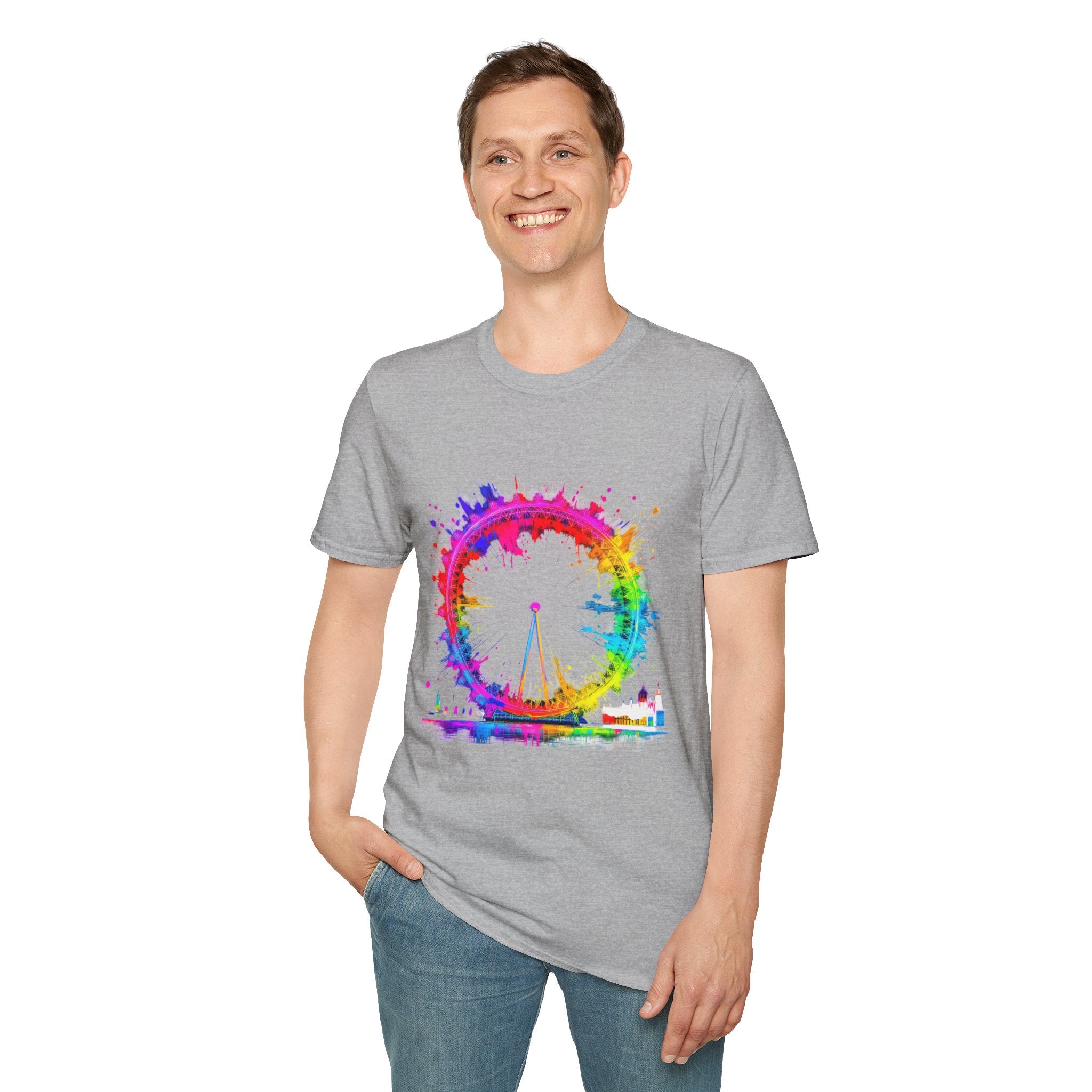 Colorful Watercolor London Eye Unisex Softstyle T-Shirt, Casual Tee, Graphic Shirt, Gift for Travel Lovers, Birthday Gift, Rainbow Art Shirt
