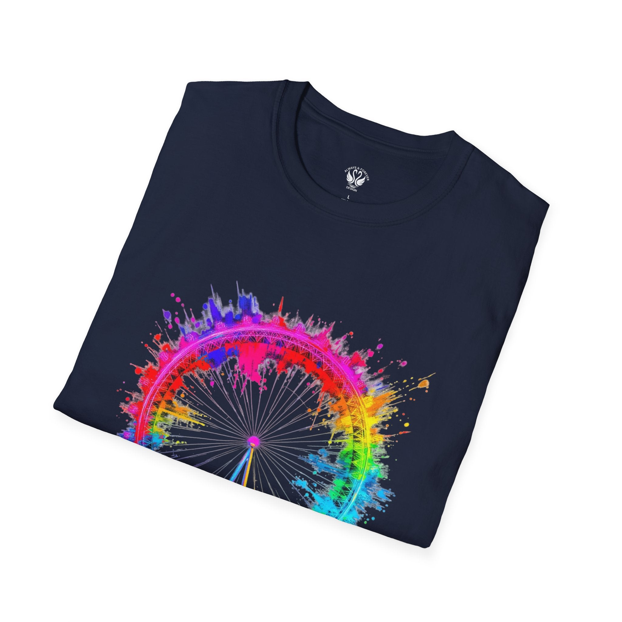 Colorful Watercolor London Eye Unisex Softstyle T-Shirt, Casual Tee, Graphic Shirt, Gift for Travel Lovers, Birthday Gift, Rainbow Art Shirt